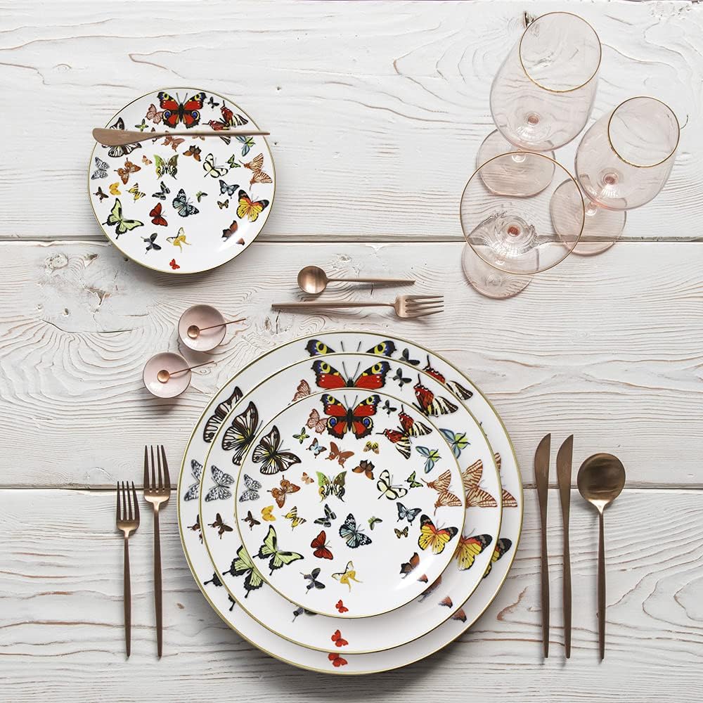 Butterfly Bone – Plato de porcelana de porcelana de 10.5 pulgadas, plato de borde dorado, juego de 4, para ensalada, aperitivo, microondas y
