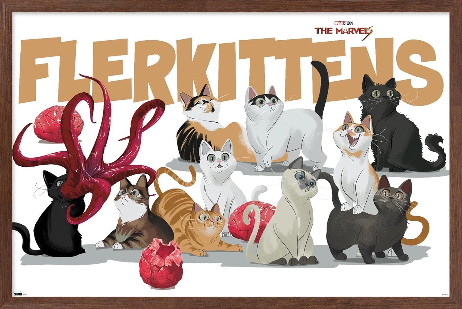 Trends International Marvel The Marvels – Póster de pared de flerkittens, 22.37 x 34.00 pulgadas, versión enmarcada de caoba