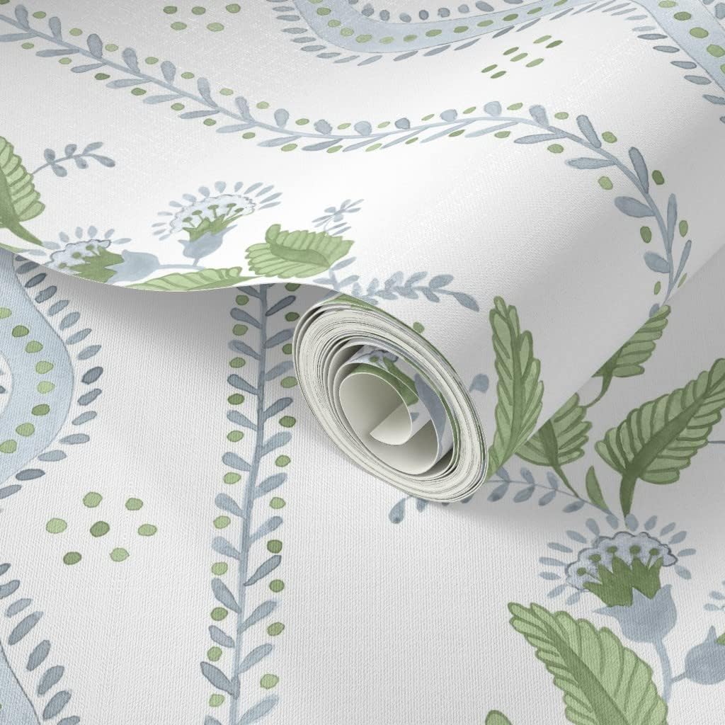 Spoonflower Papel tapiz autoadhesivo de 9 x 2 pies, papel tapiz extraíble tradicional con rayas blancas y verdes azules y verdes