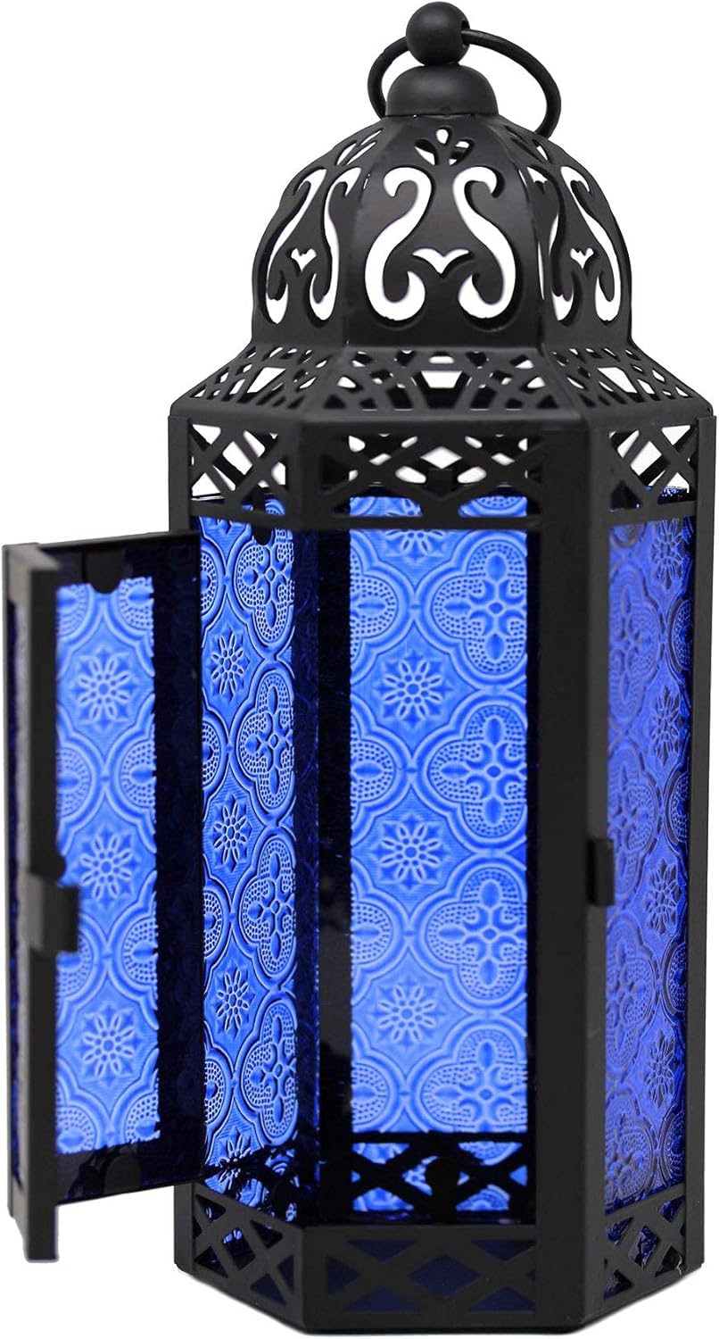 VELA LANTERNS – Faroles portavelas decorativos, guirnalda de luces LED incluidas, color cobalto, medianos
