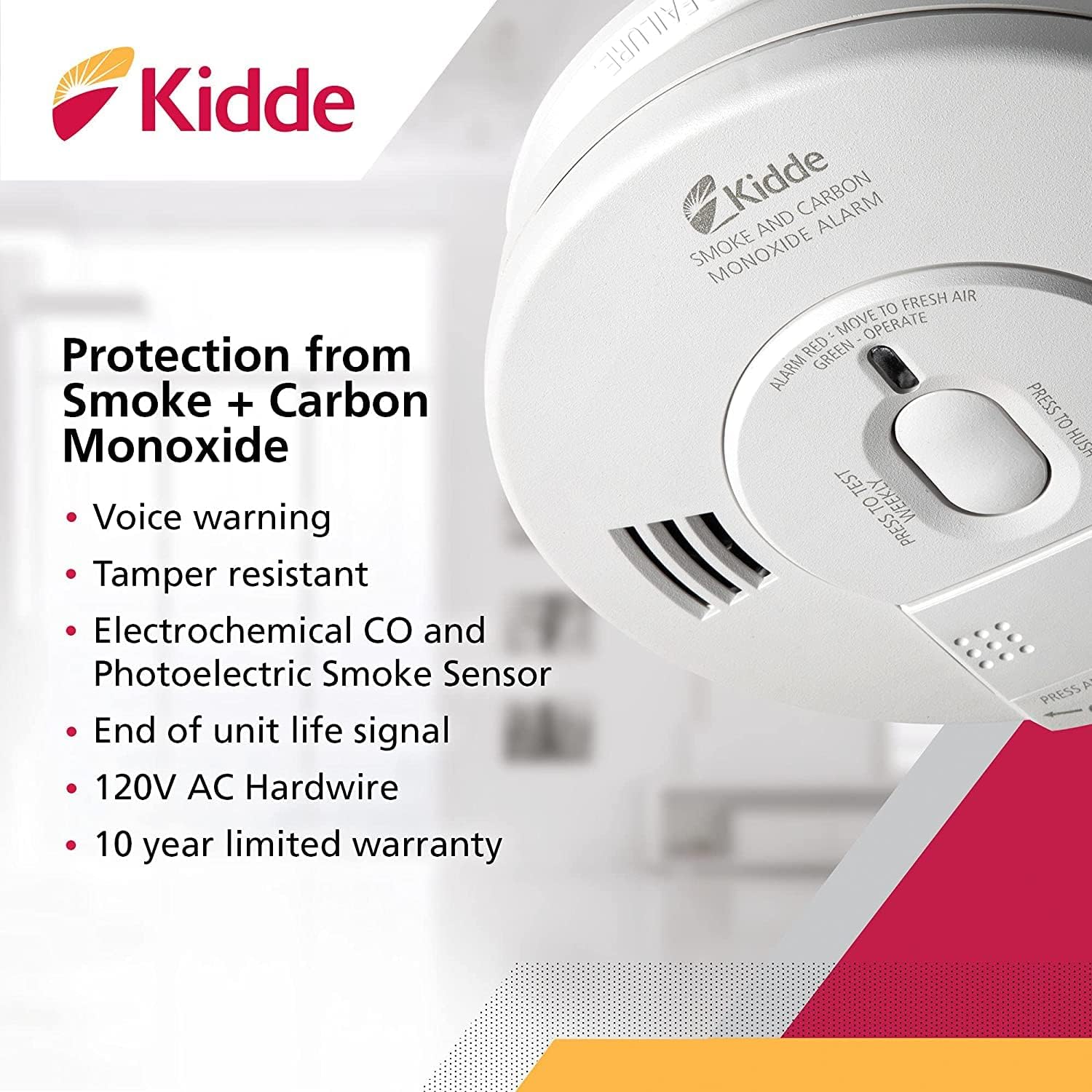 Kidde Detector de humo y monóxido de carbono, con cable duro, combinación de interconexión de humo y CO alarma con batería de respaldo, alerta de