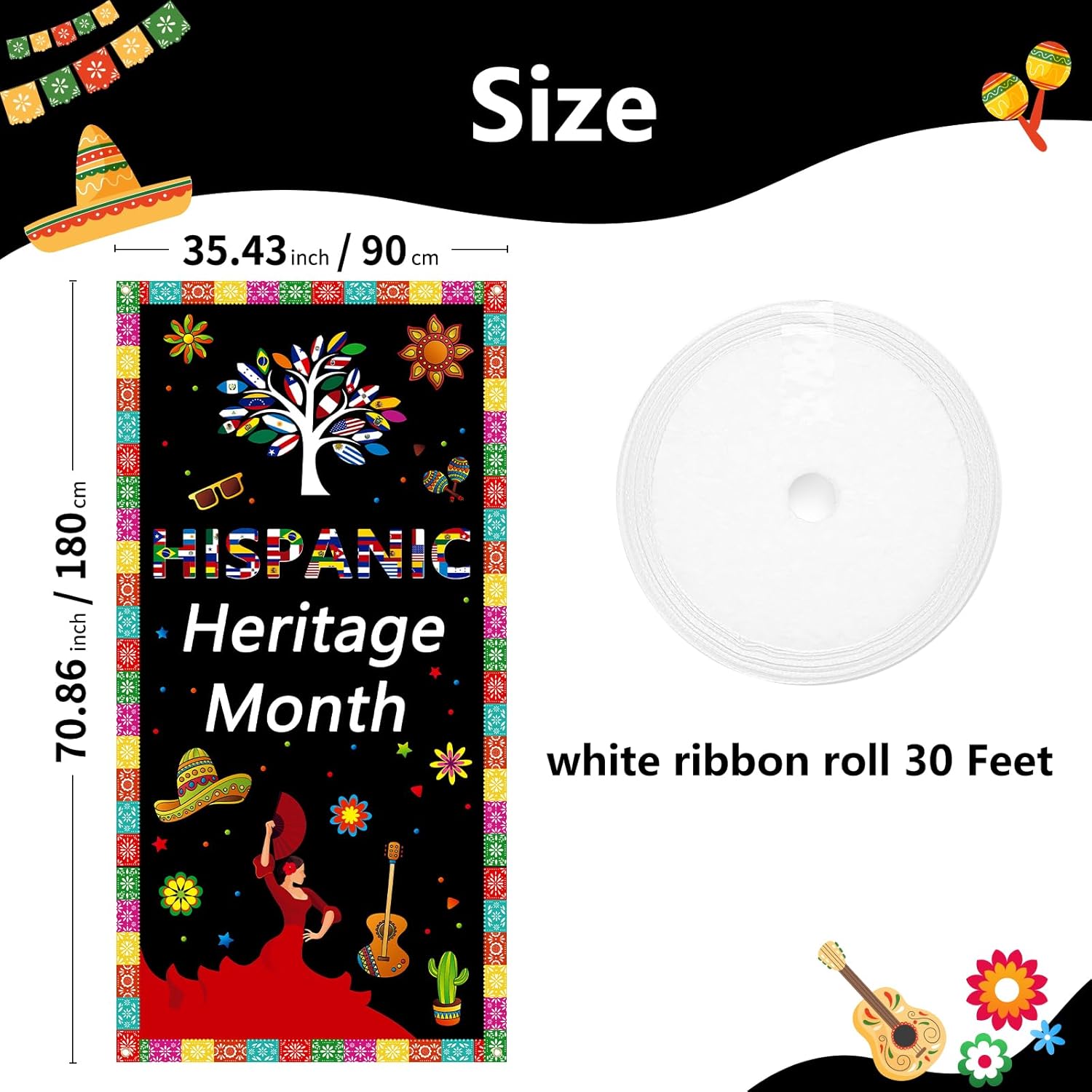 Arosche Decoración grande para puerta del mes de la herencia hispana, 6 x 2.9 pies, fondo colgante de condados de habla hispana latina para