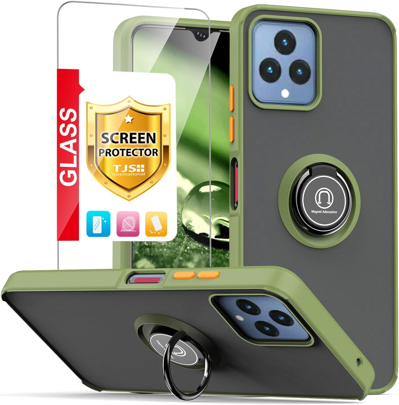 TJS Funda compatible con T-Mobile Revvl 6X 5G, Revvl 6 5G, soporte magnético con anillo de metal, soporte magnético para teléfono (verde)
