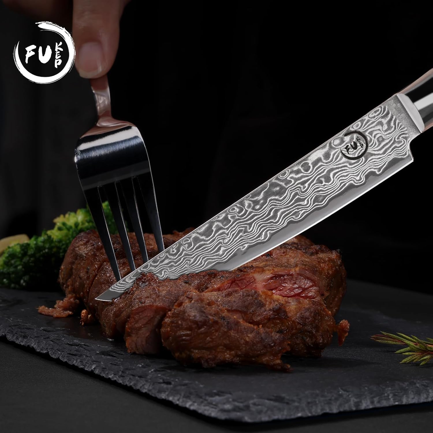 Fukep Juego de 4 cuchillos para carne, súper afilados de 5 pulgadas, juego de cuchillos de carne de damasco japoneses VG10 con núcleo de acero de 73