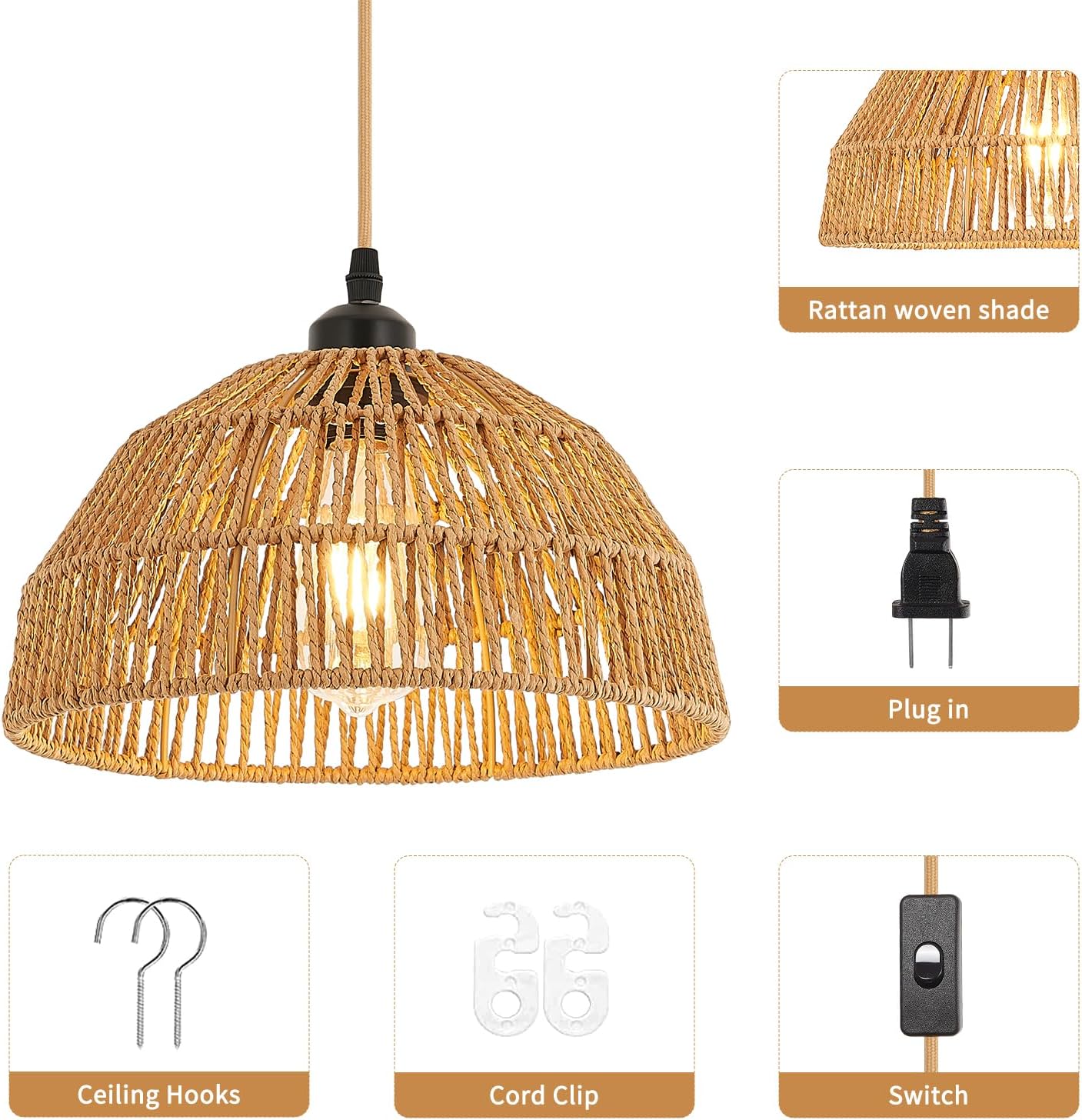 Worderdeng – Lámpara colgante de ratán enchufable, luces colgantes de 14.7 pies con estilo bohemio, lámpara colgante con pantalla de cuerda de