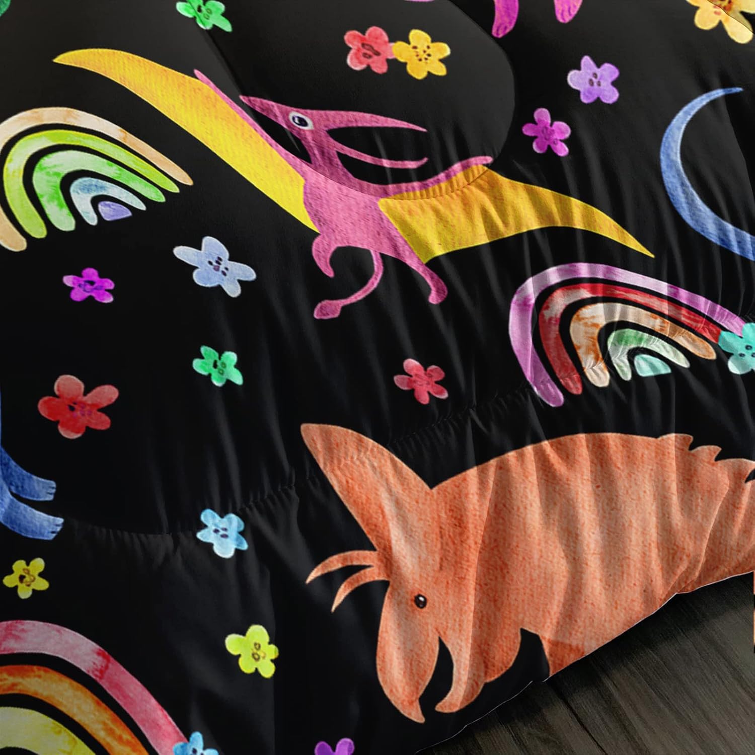 Juego de edredón de dinosaurio arcoíris para niños, colorido juego de ropa de cama para niños, edredón de dinosaurio de dibujos animados con flores