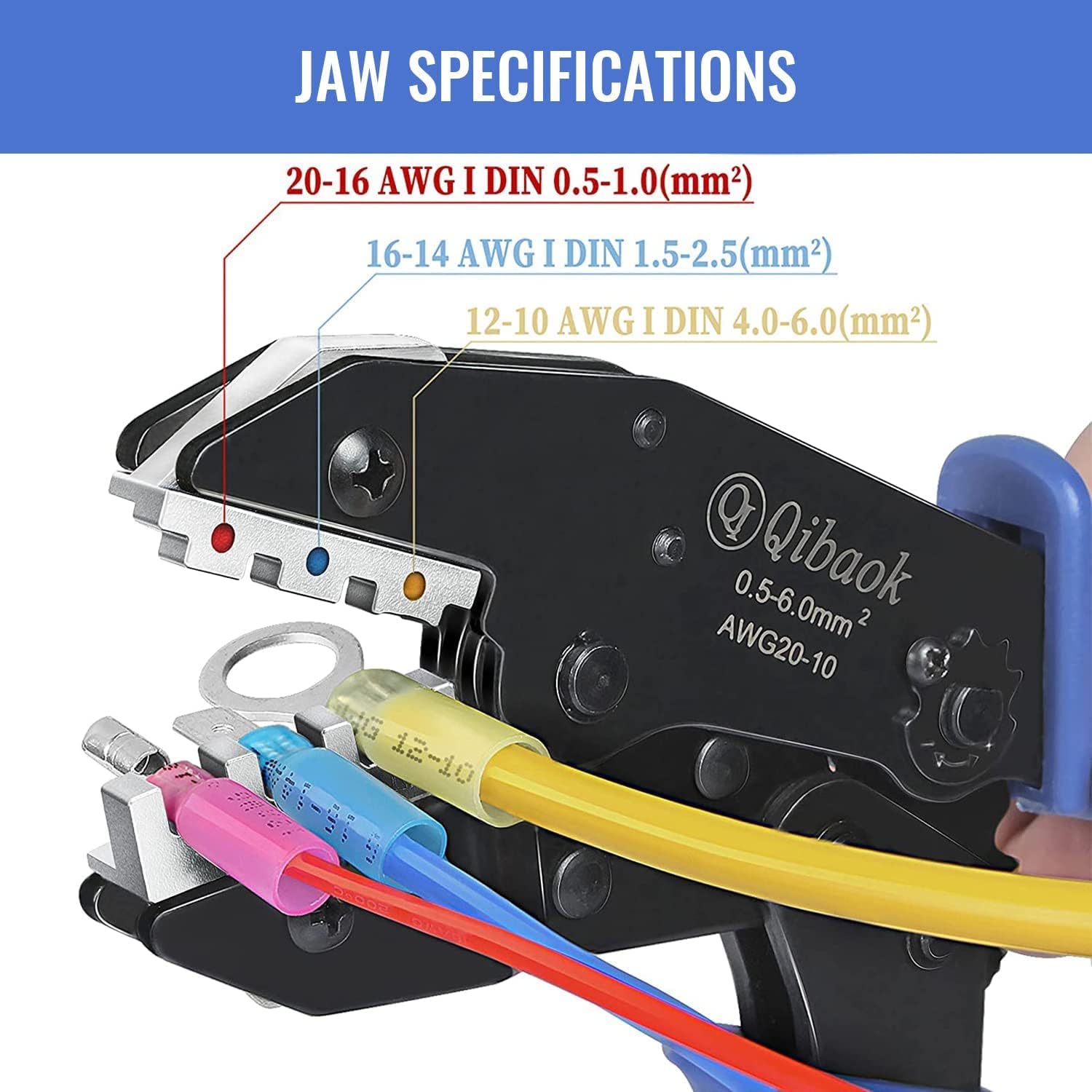 Qibaok Crimpadora de cables de trinquete para conectores termorretráctiles, terminales de trinquete, herramienta de crimpado de alambre AWG 22-10