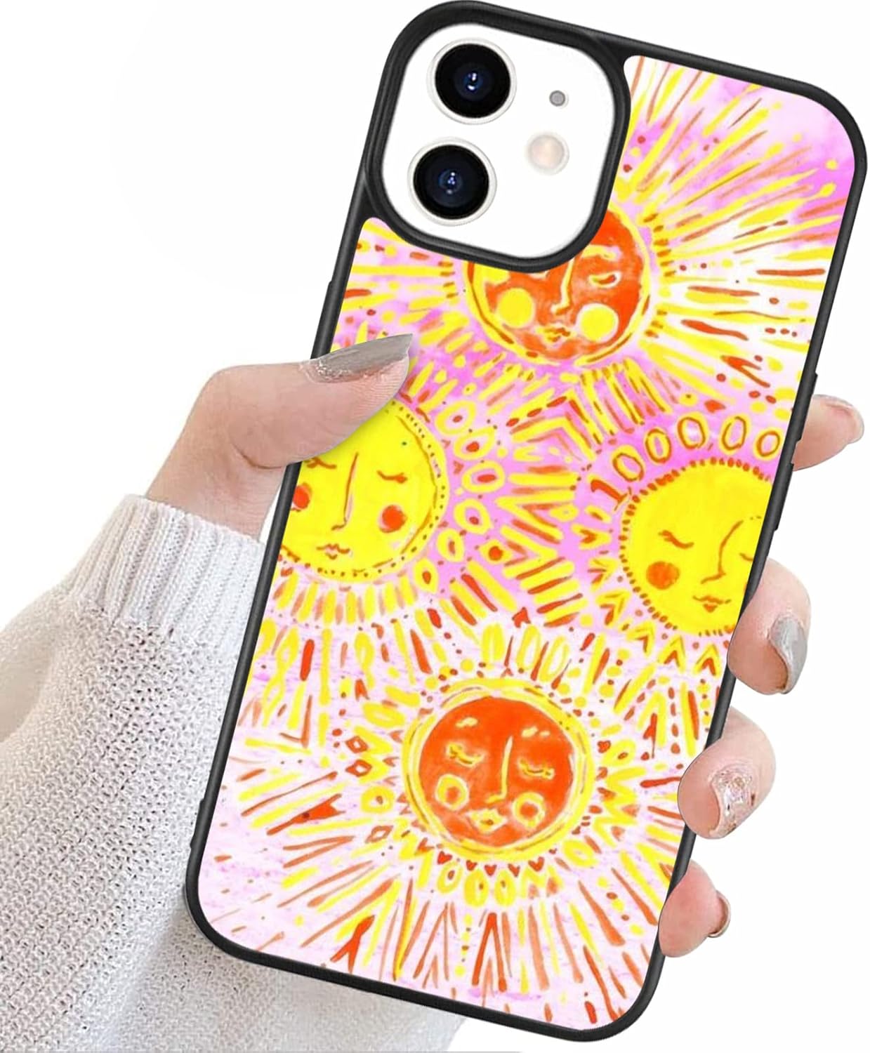 UNNKINE Funda retro amarilla para iPhone 14 Plus para niñas y mujeres, diseño de sol de arte, TPU suave, parte trasera dura, a prueba de golpes,