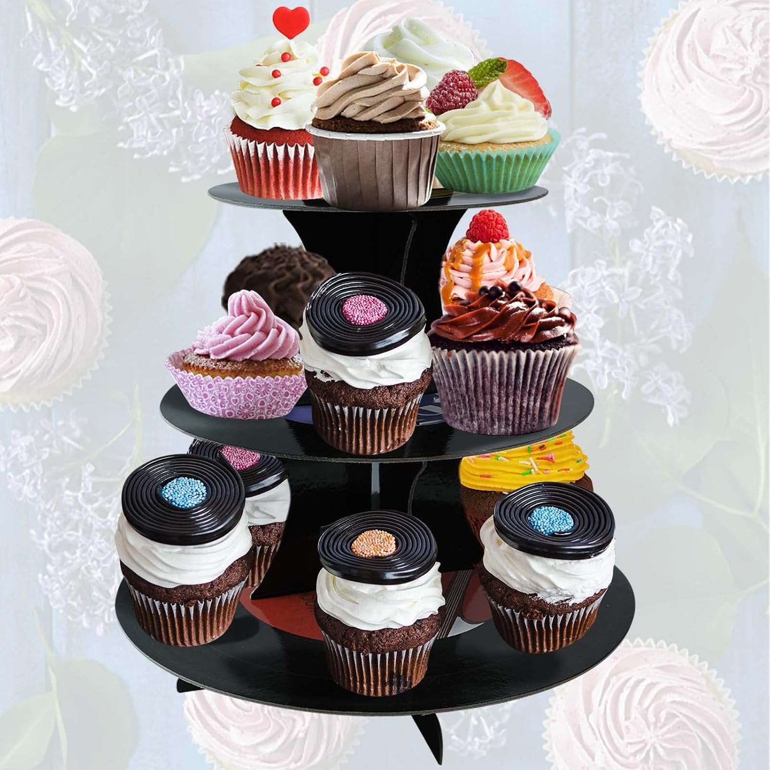 Rock and Roll de los años 50, soporte de papel de 3 niveles para pasteles, torre de cupcakes para 8-12 cupcakes, perfecto para fiestas temáticas de