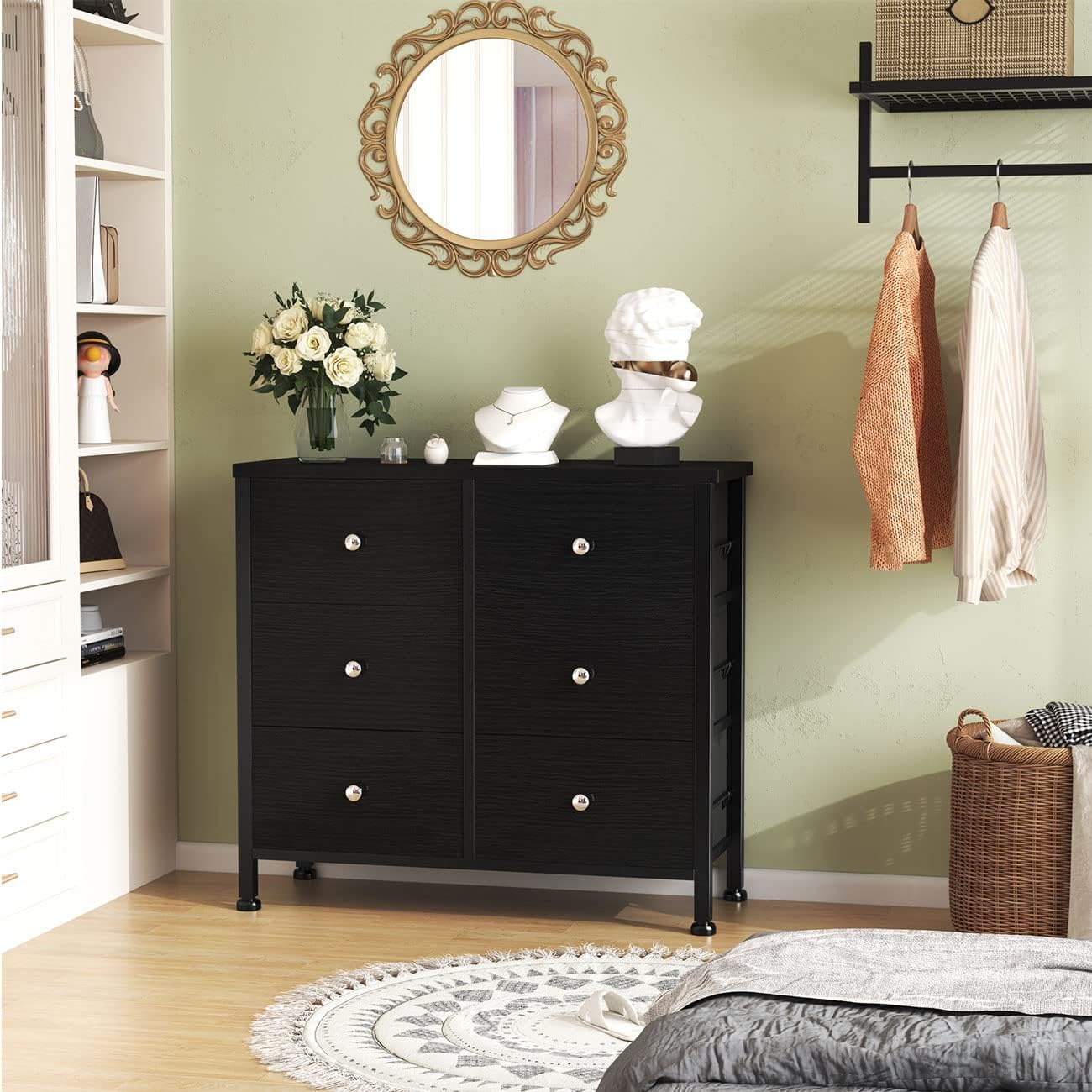 BOLUO – Cómoda negra para dormitorio, cómoda de 6cajones, pequeña y de tela, almacenamiento para armario moderno
