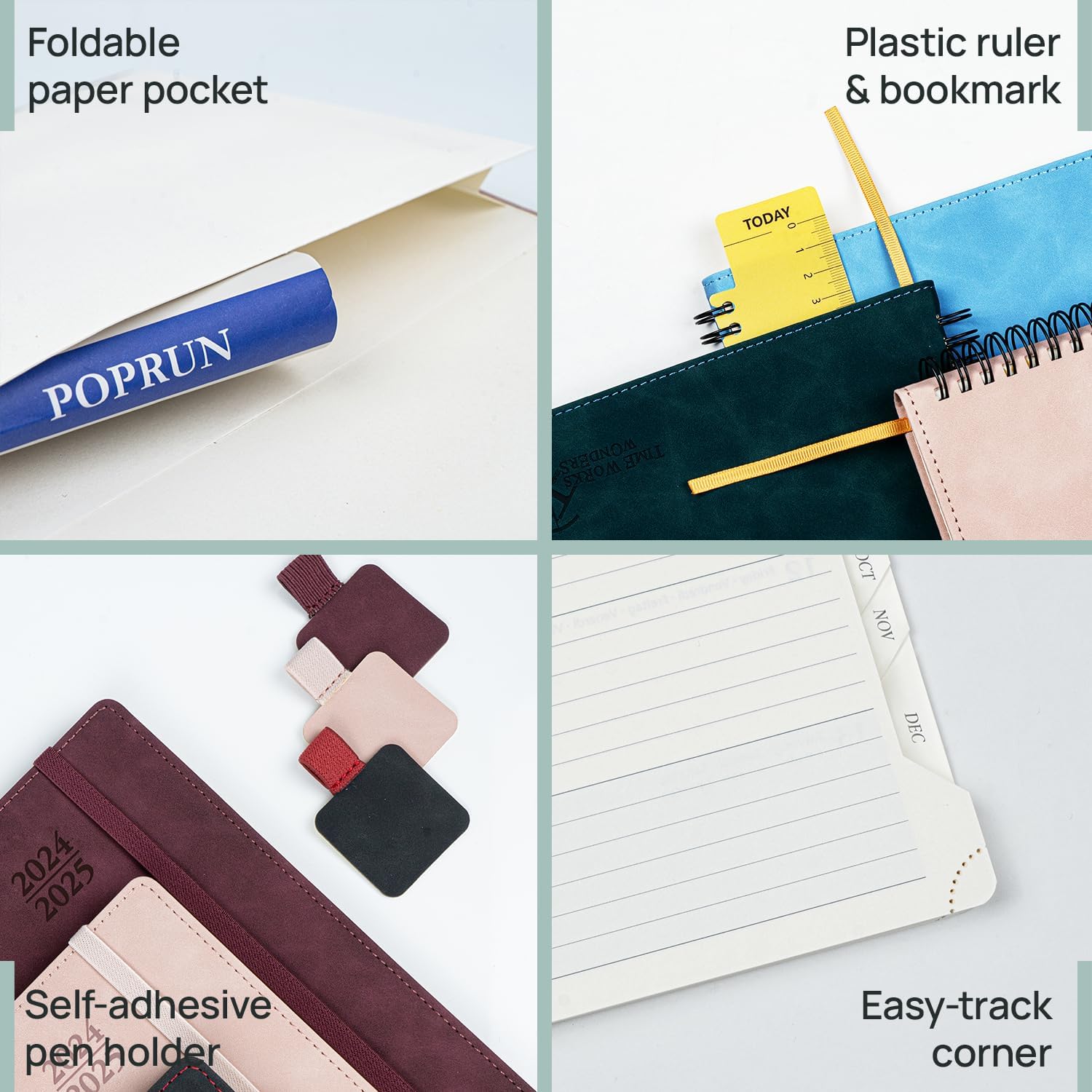 POPRUN Agenda semanal 2024-2025, tamaño de bolsillo, 4 x 6.25 pulgadas, calendario académico pequeño para bolso con cubierta suave en espiral, regla