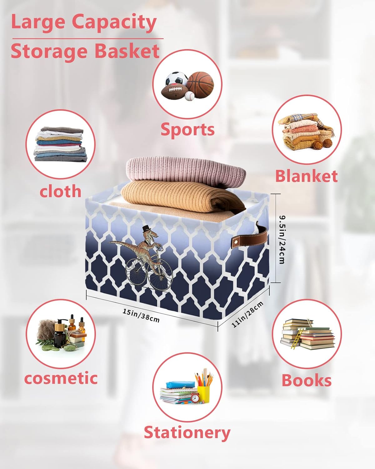 Navy Blue Ombre Dinosaur Storage Basket for Organizing Shelves, Collapsible Storage Bins Boxes with Handle, Modern White Geometric Abstract Art