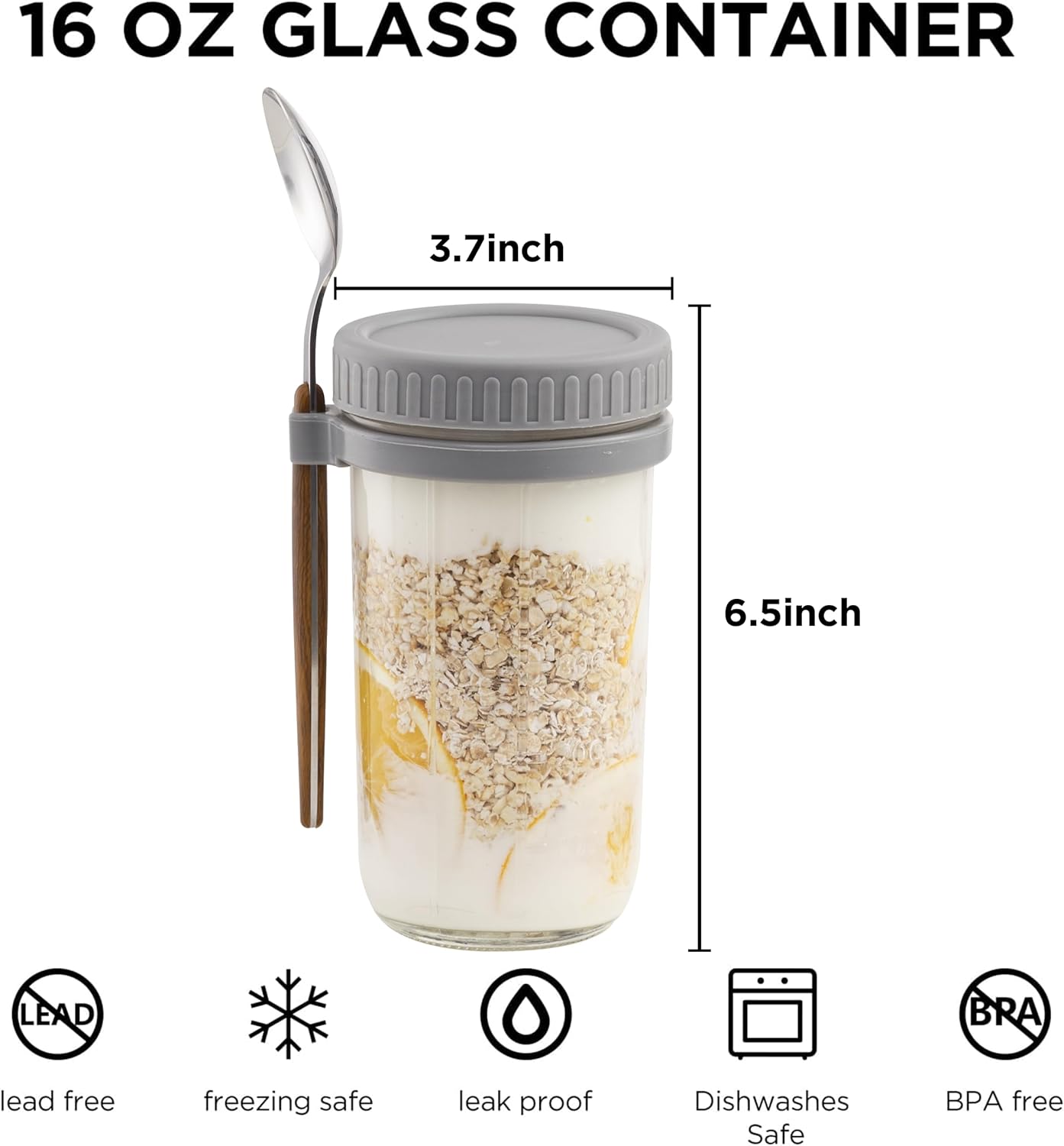 Paquete de 4 recipientes de avena con tapas herméticas y cucharas, tarros de vidrio de 21 onzas con marcas de medición, tarros de avena para
