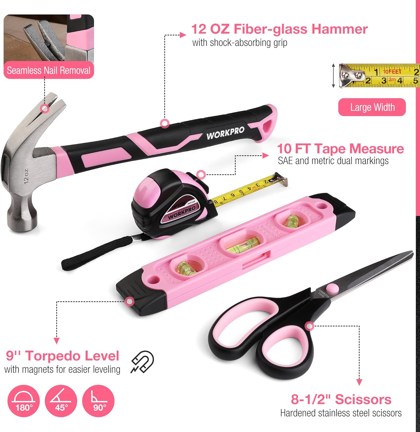WORKPRO Juego de herramientas rosadas, 277 piezas de bolsas de herramientas de mano esenciales de apartamento con bolsa de almacenamiento abierta de