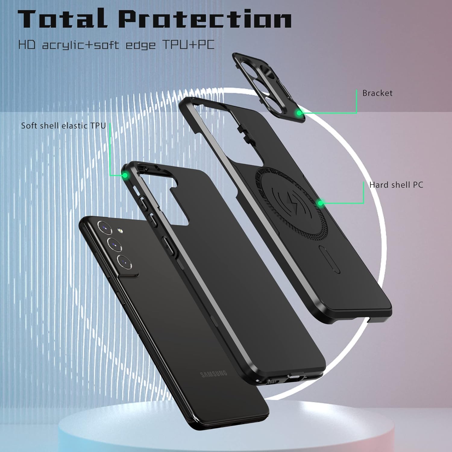 Asuwish Funda de teléfono para Samsung Galaxy S21 FE 5G con protector de pantalla de vidrio templado y soporte delgado, accesorios móviles híbridos