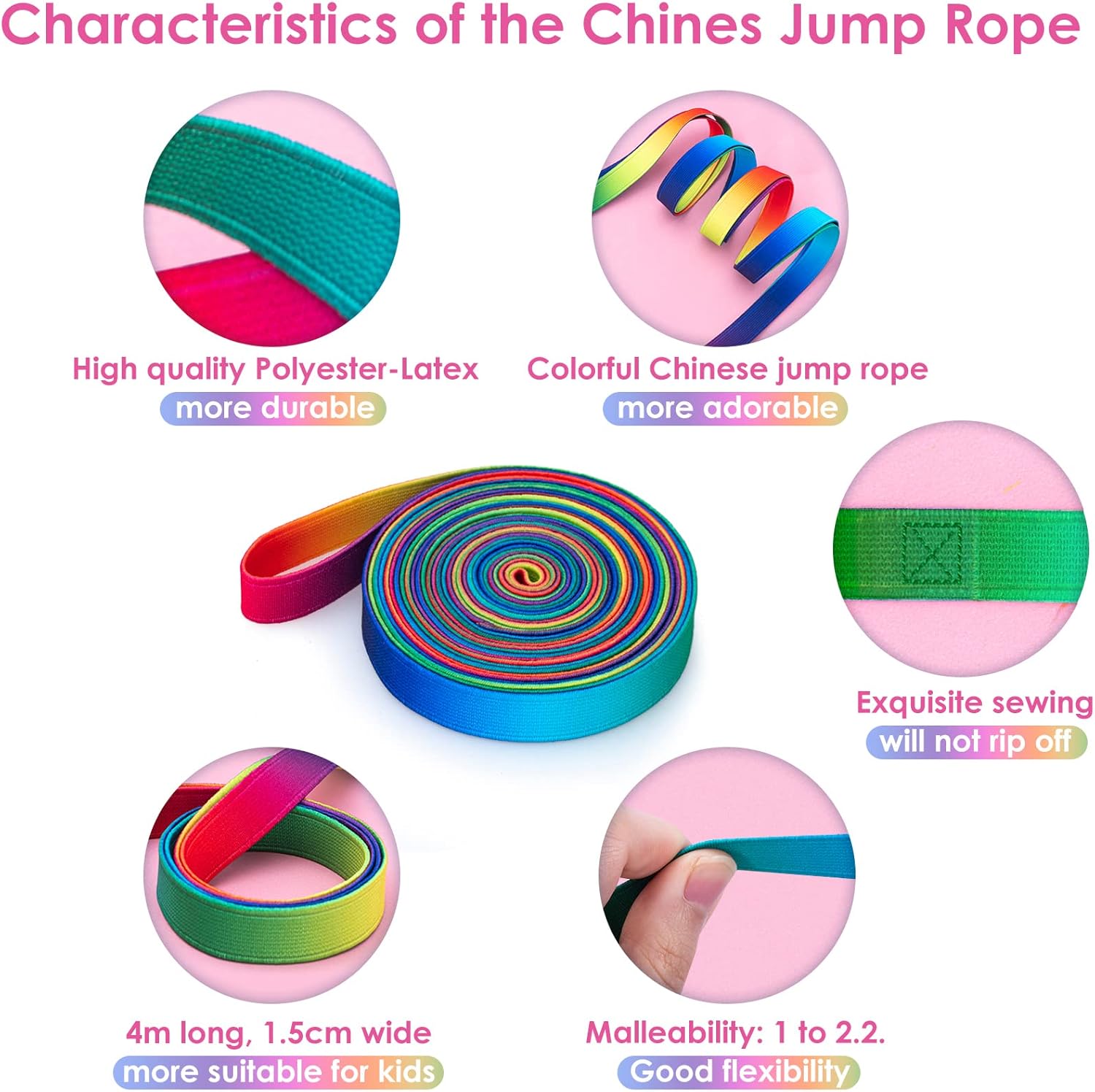 Cuerda de saltar china, 13.1 ft de largo 0.6 in de ancho, cuerda china elástica con instrucciones (idioma español no garantizado) banda de arco iris