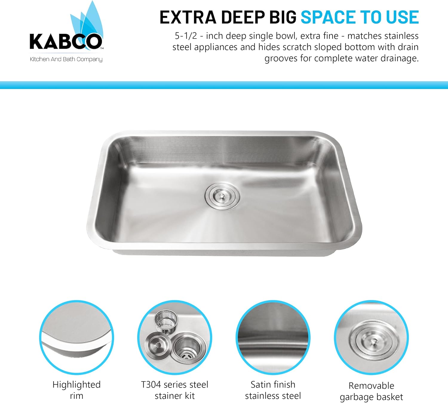 KABCO Fregadero de cocina de acero inoxidable de 30 pulgadas compatible con la ADA, con colador de fregadero, cesta de basura extraíble y rejilla de