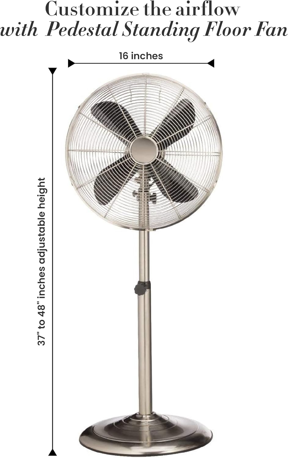 DecoBREEZE Ventilador de pie de pedestal, ventilador oscilante de 3 velocidades para interiores con altura ajustable, inoxidable, ventilador retro,