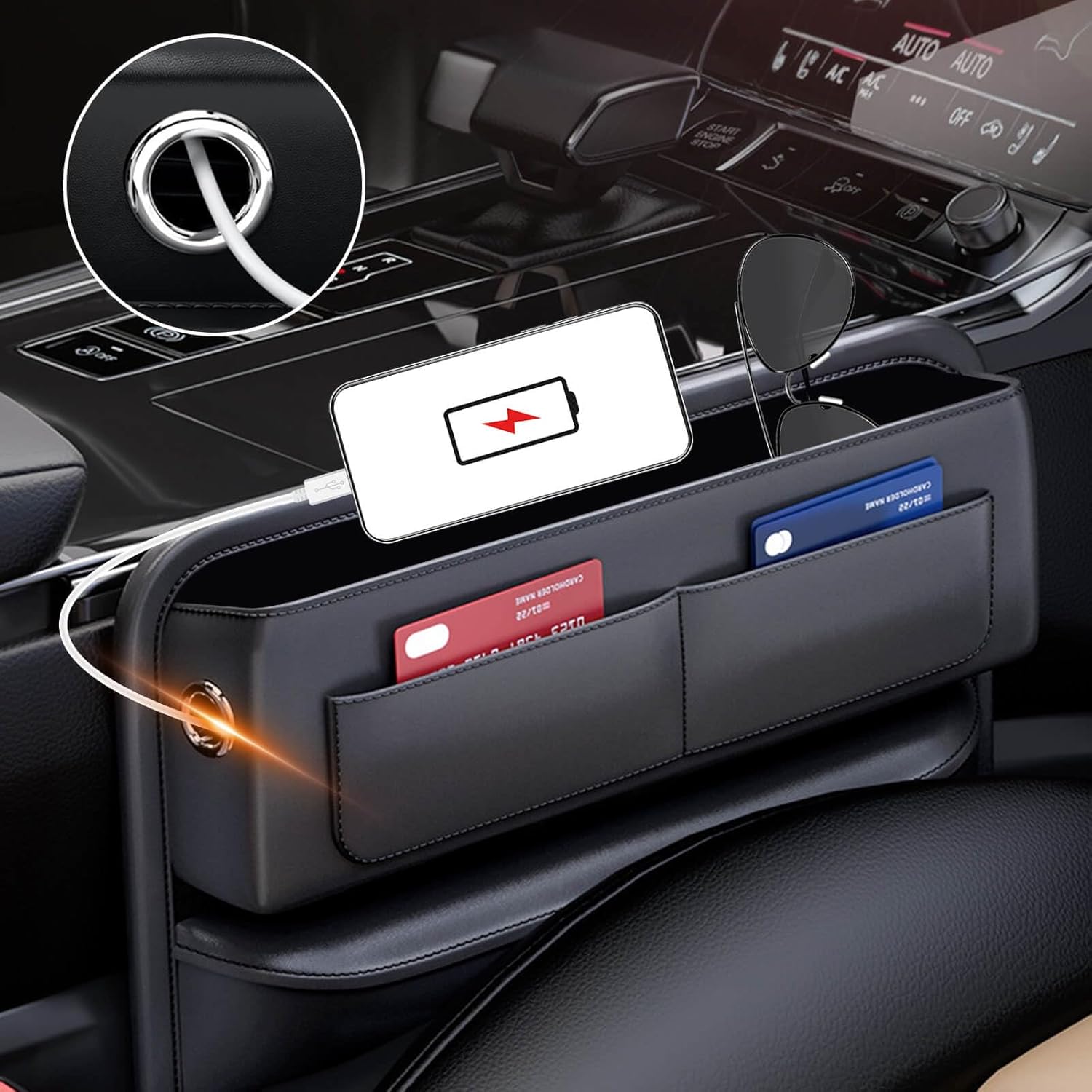 Organizador de espacio para asiento de automóvil con gel limpiador, organizador de cuero ajustable para asiento delantero con 2 orificios para cable