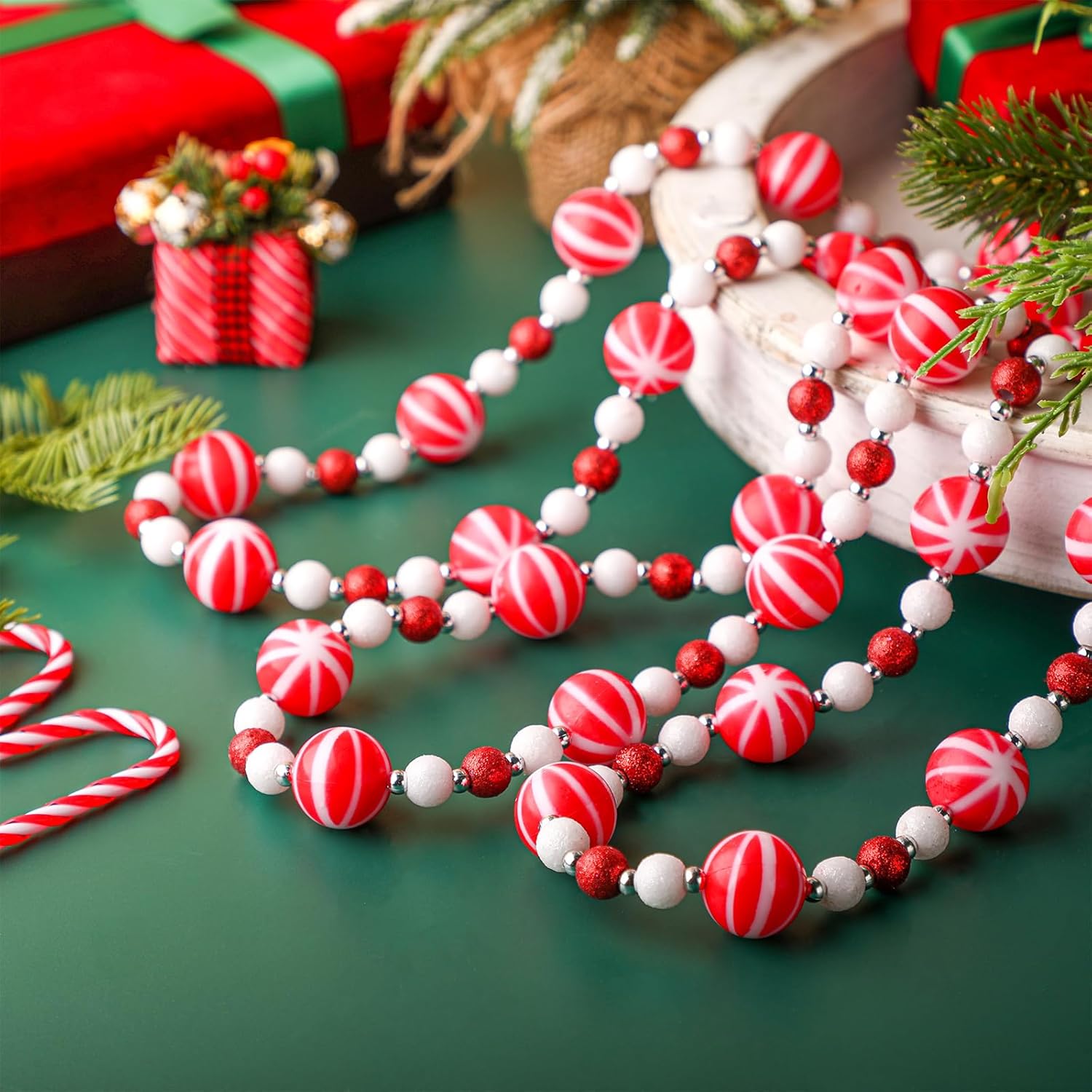 Guirnalda de bastones de caramelo de Navidad de 8.8 pies, con diseño de remolino, rojo y blanco, guirnalda de cuentas de Navidad, guirnalda de