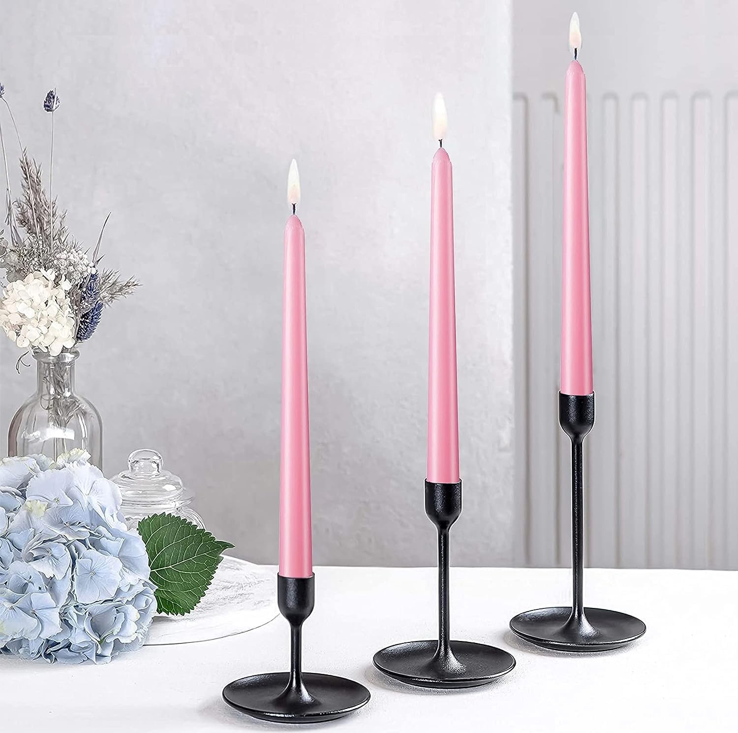 Juego de 4 velas cónicas color rosa de 12 pulgadas, candelabros altos, sin goteo y sin humo, velas de cena en casa, fiesta, boda, Halloween, velas