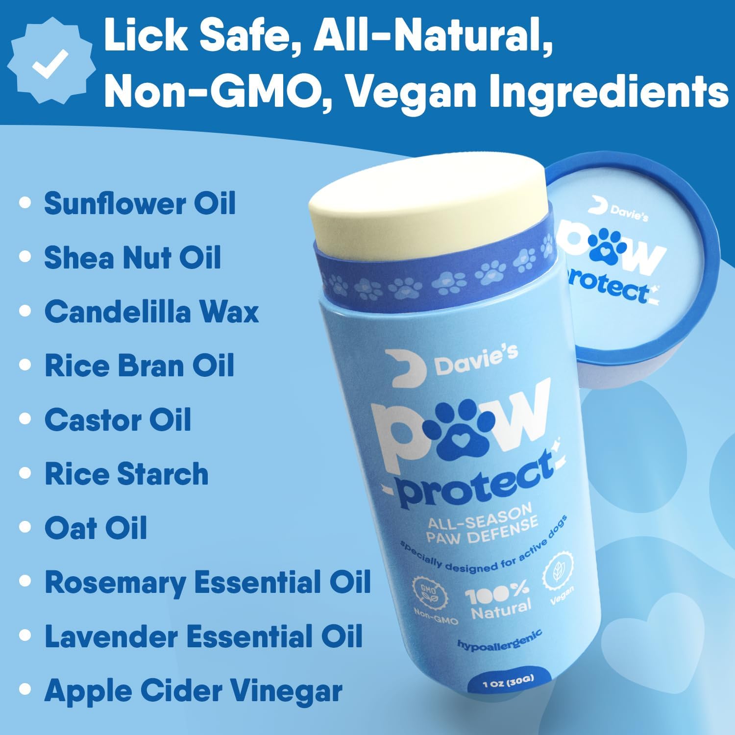 Davie’s Naturals Bálsamo para patas de perro, seguro para lamer, no graso, no mancha, todos los ingredientes naturales para proteger, curar y