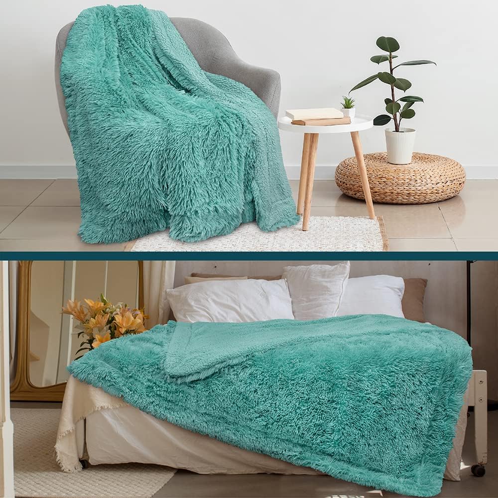 PAVILIA Manta suave y esponjosa de piel sintética, color verde azulado, manta de sherpa cálida y peluda para cama, sofá, manta decorativa de felpa
