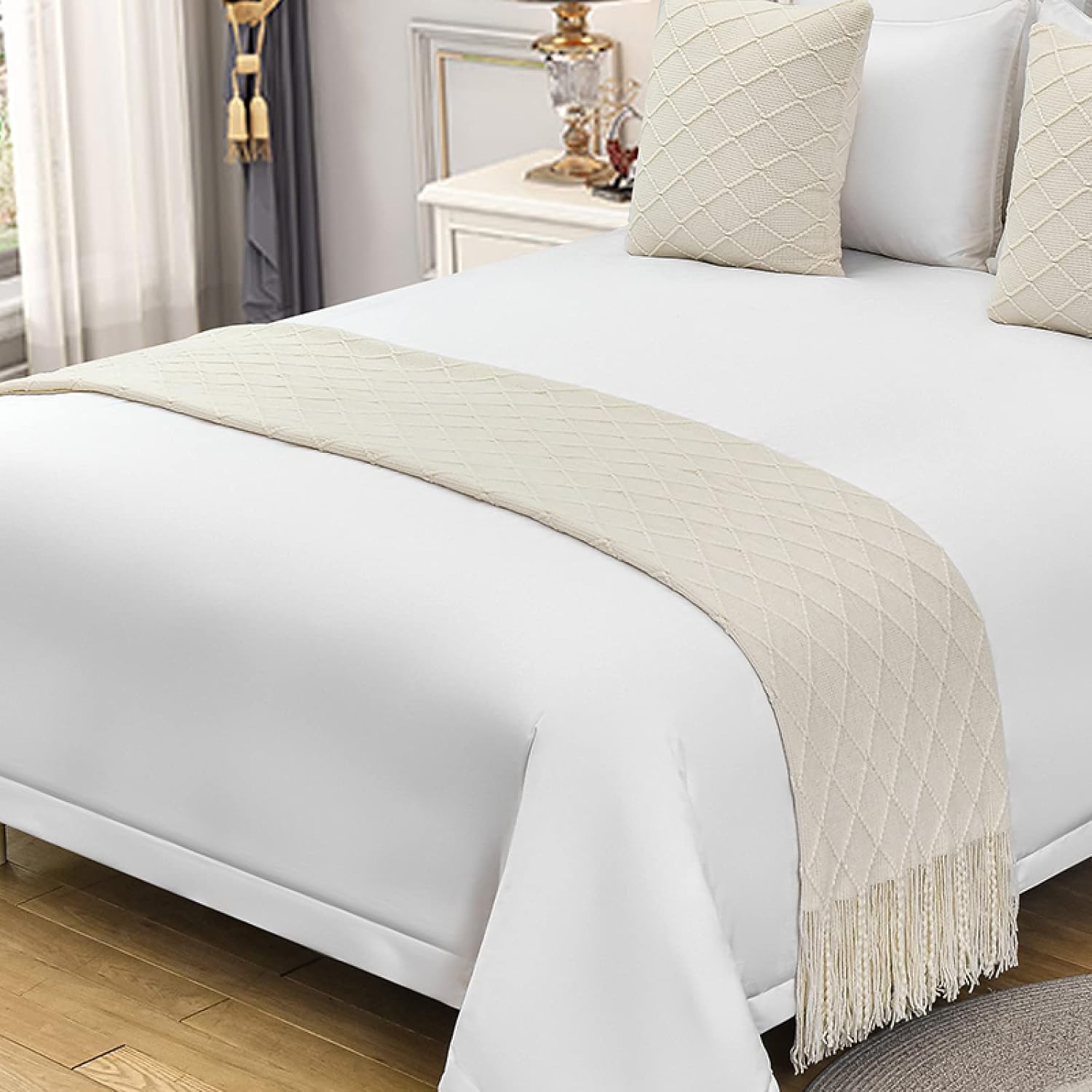 Bufanda de camino de cama de hotel, bufanda de punto de algodón, bufanda decorativa de calidad de color sólido con borla, manta tejida moderna para