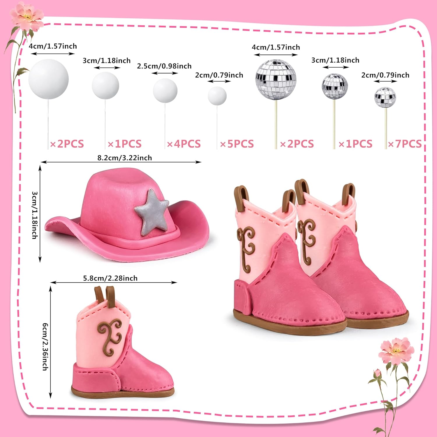 25 piezas de decoraciones para tartas de vaquera, sombrero de vaquera y botas, decoración de pastel de bola de discoteca, decoración de pastel de