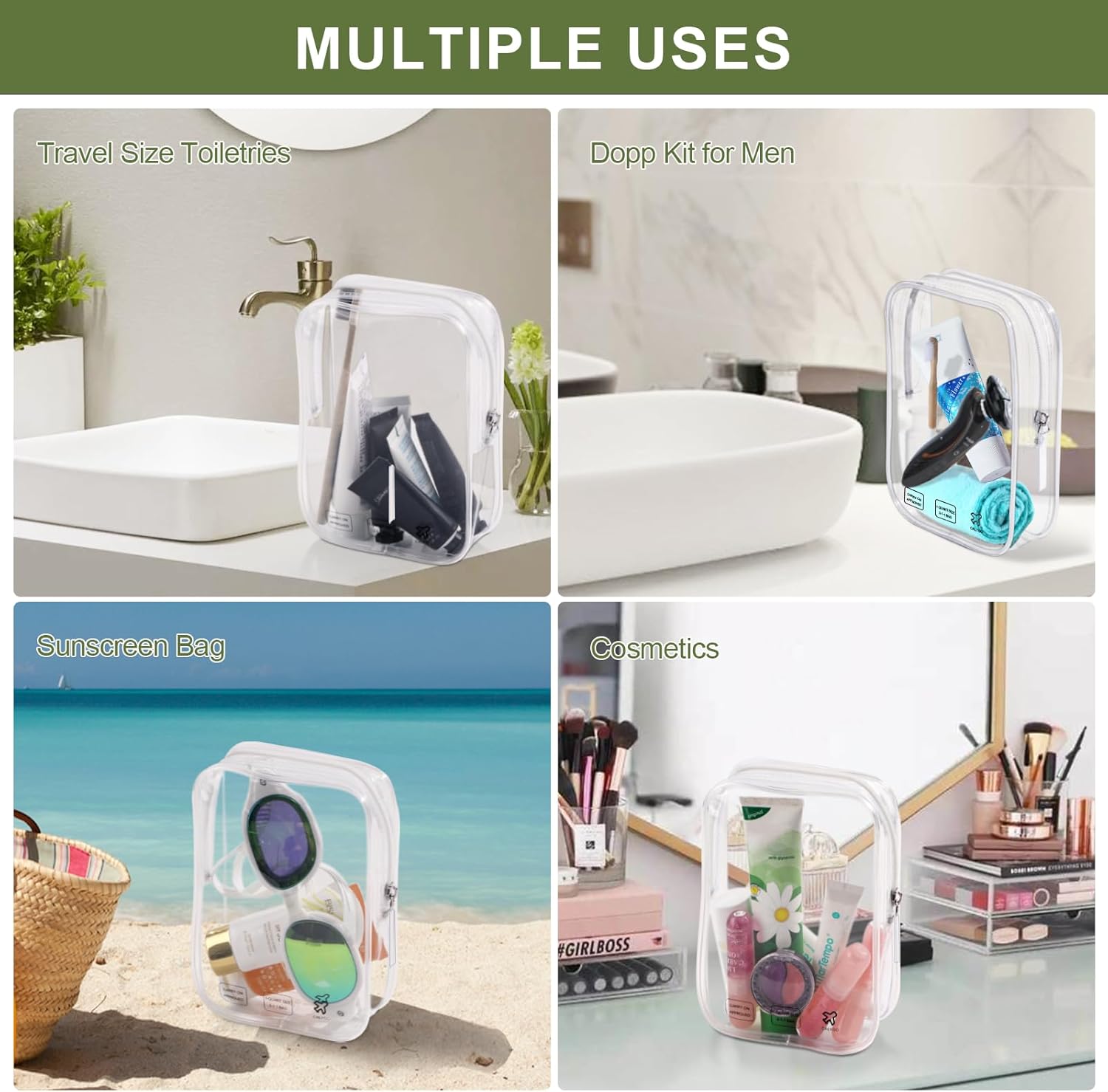 Accesorios de avión imprescindibles de 1 cuarto de galón, bolsa de viaje aprobada por la TSA para mujeres que viajan, 2 Pack Clear, Bolsa de viaje