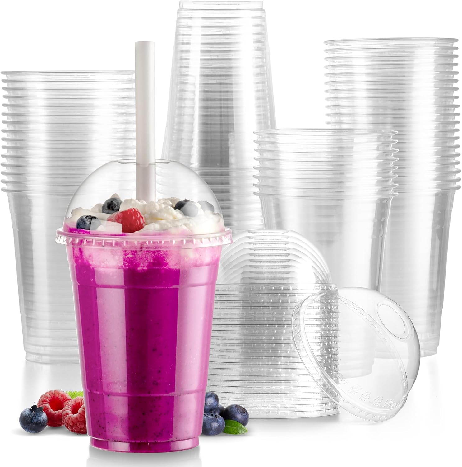 Fit Meal Prep Paquete de 100 vasos de plástico transparente de 16 onzas con tapas de cúpula, tazas desechables para café helado, tazas Boba sin BPA