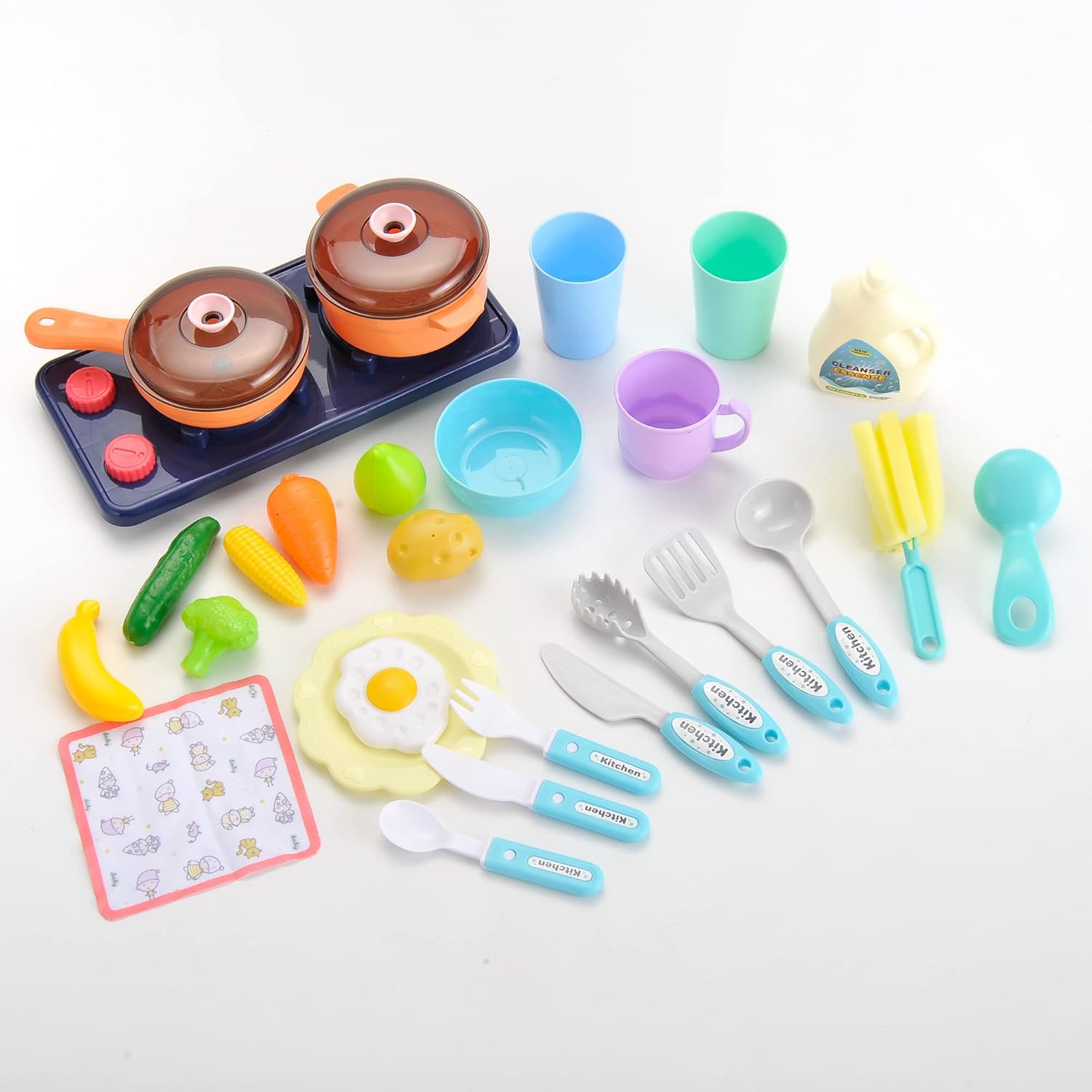 PowerTRC Juego de fregadero de cocina con estufa de cocina, ollas y sartenes, platos y cortar alimentos  Viene con circulación de agua realista y