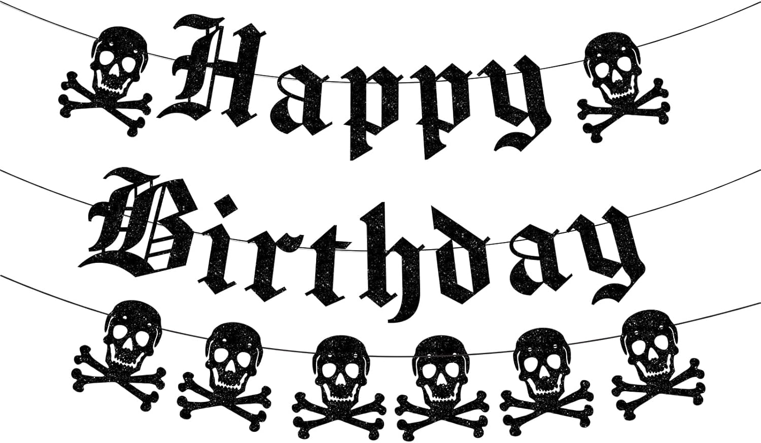 Cartel gótico de feliz cumpleaños con purpurina negra con diseño de calavera inglesa, divertida pancarta de cumpleaños funerario para fiesta de