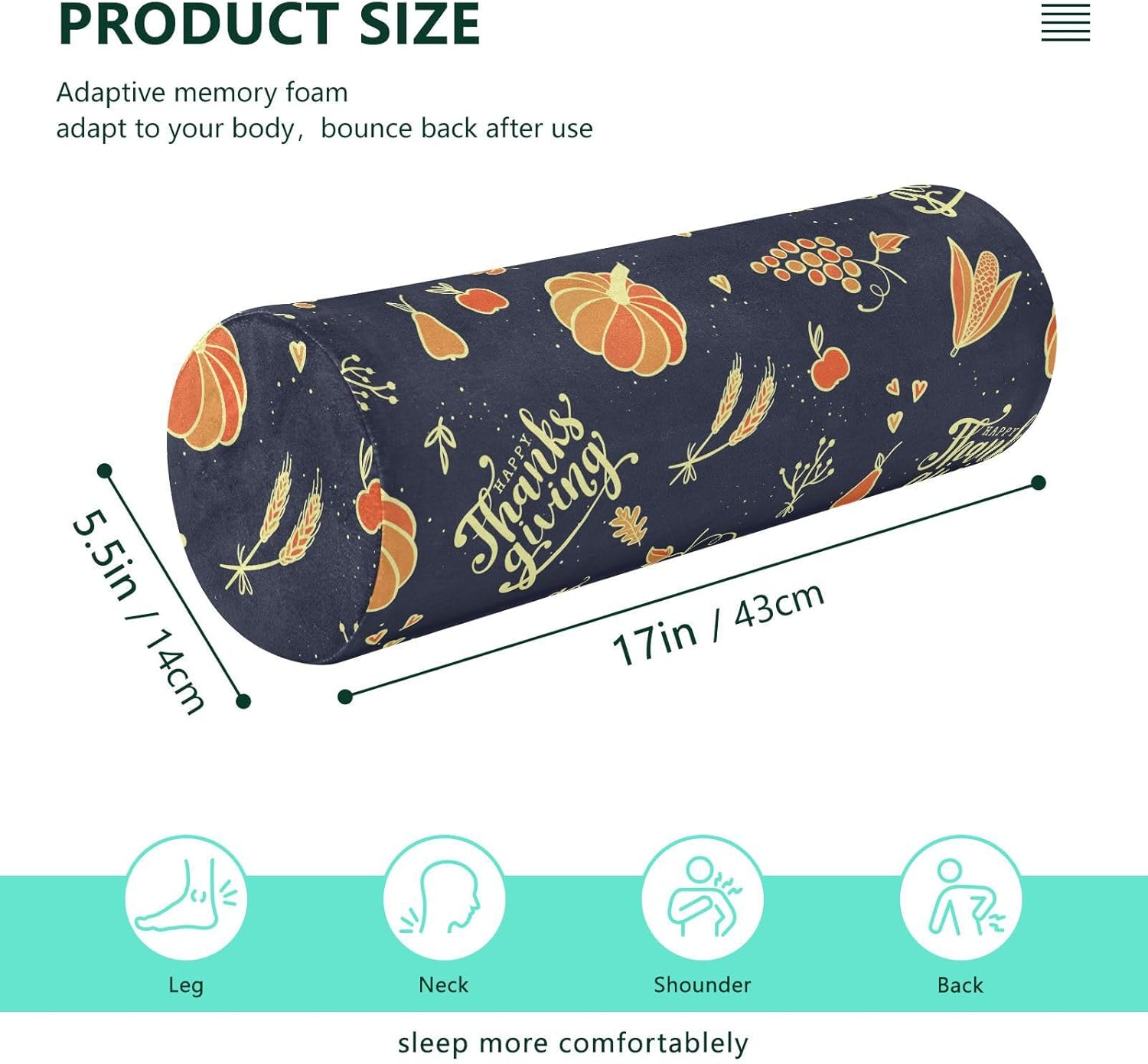 KLL Happy Autumn and Thanks Giving Yoga Bolster Pillow Neck Roll Pillows for Pain Relief Sofa Round Pillows Long Cylinder Pillow Neck Support