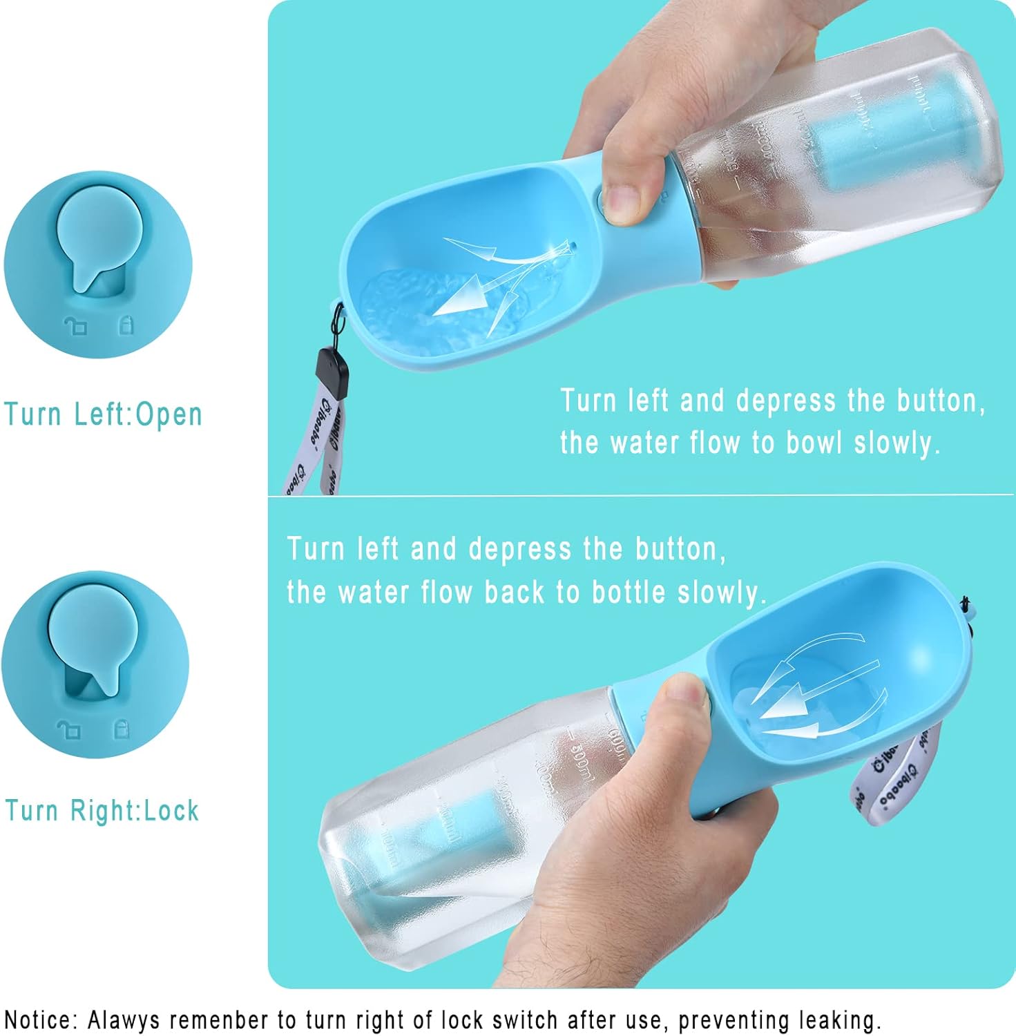 Cibaabo Botella de agua para perros con contenedor de alimentos y soporte para bolsa de excrementos, cuenco de agua de viaje, dispensador portátil
