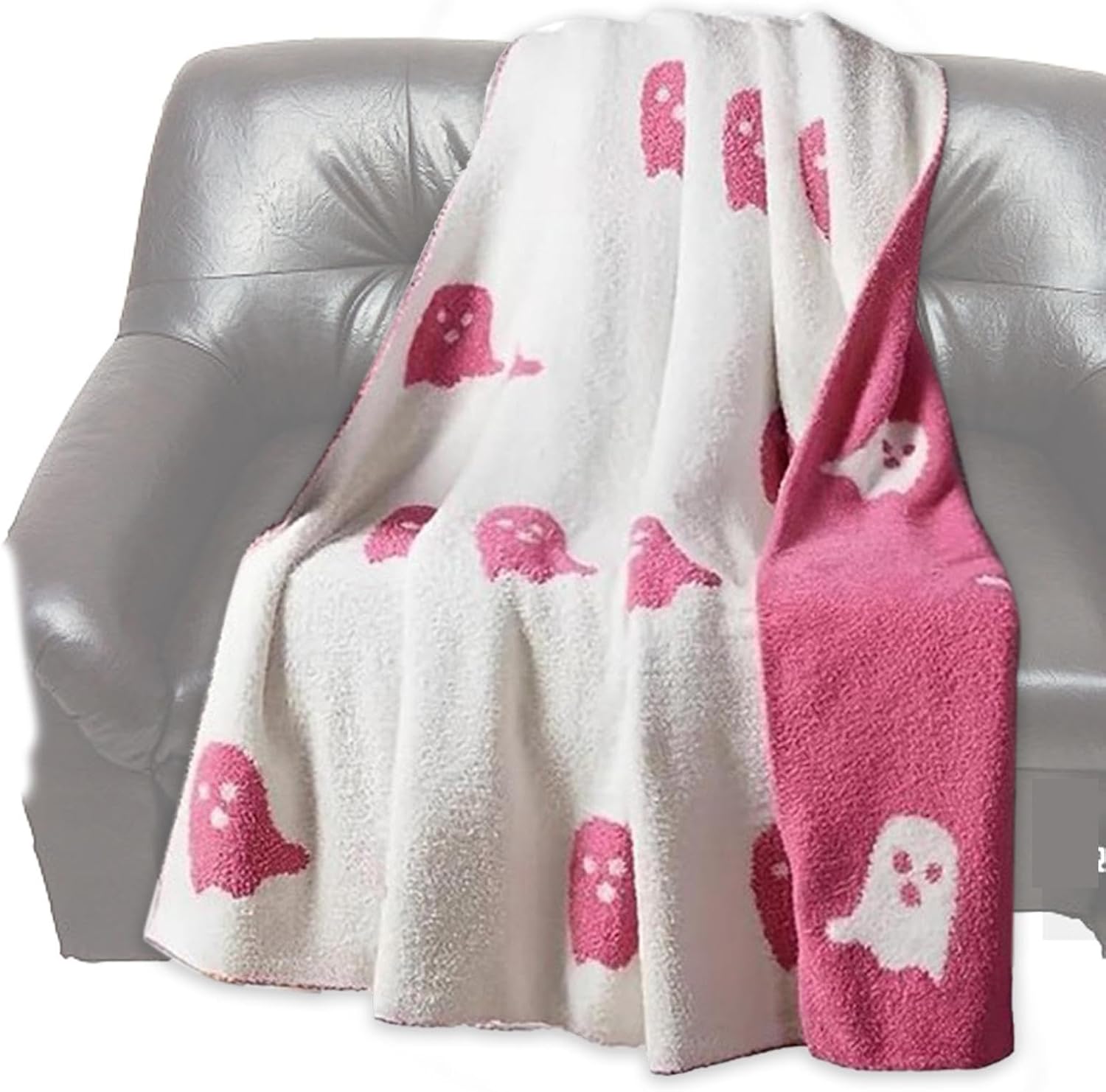 Manta de fantasma rosa de Halloween, 2023 de franela, reversible, lindas mantas y mantas de Halloween para dormitorio, cama, sala de estar, sofá (59