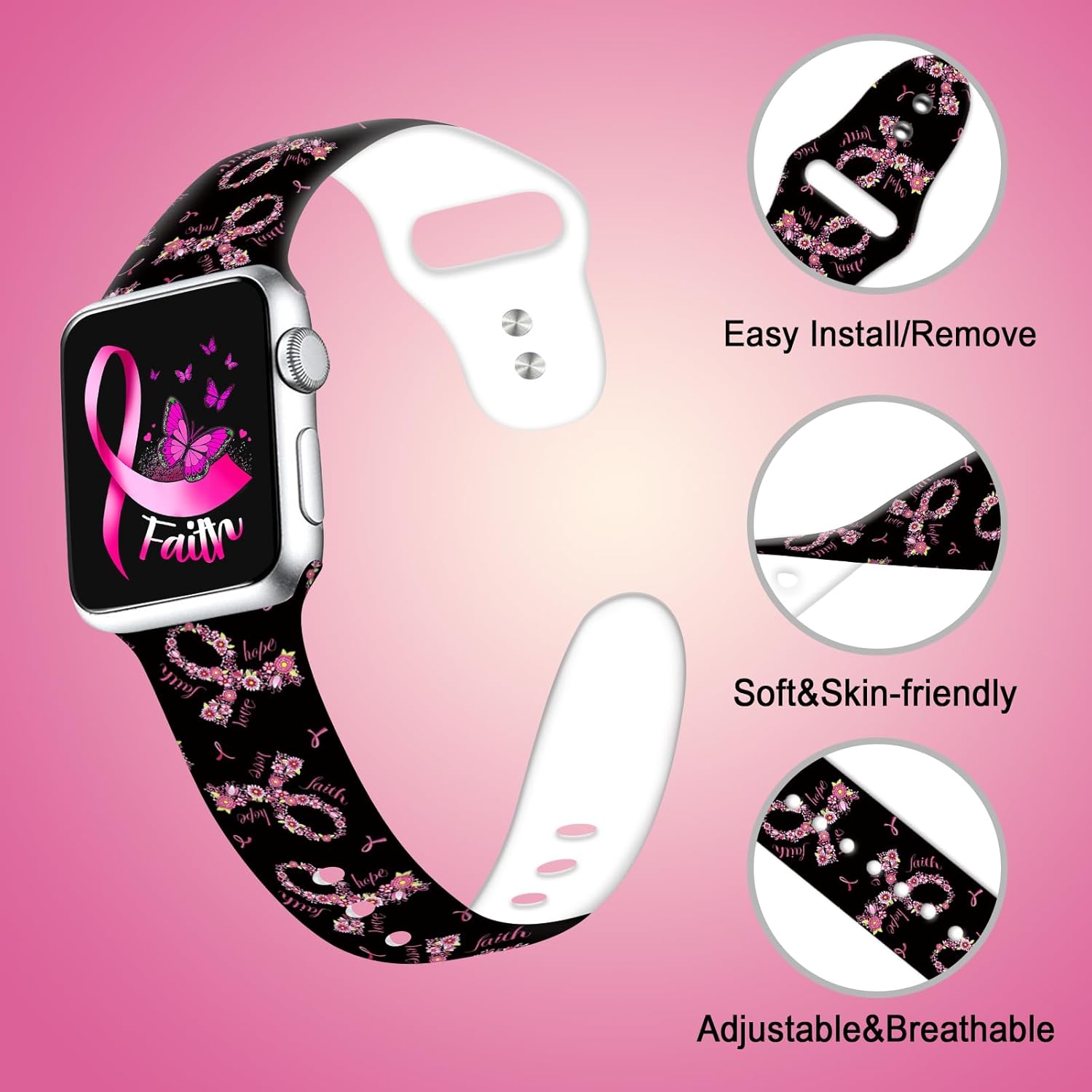Correas de reloj de concientización sobre el cáncer de mama compatibles con Apple Watch de 1.496 pulgadas, 1.575 pulgadas, 1.614 pulgadas, 1.654