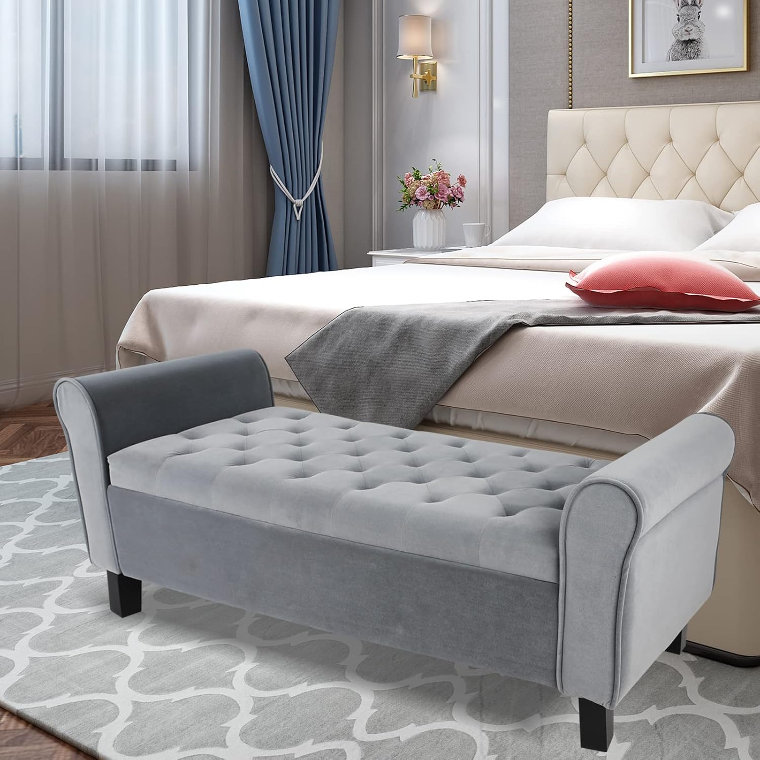 Banco otomano de almacenamiento con brazos, banco de terciopelo para dormitorio, banco de almacenamiento con botones para entrada, sala de estar,