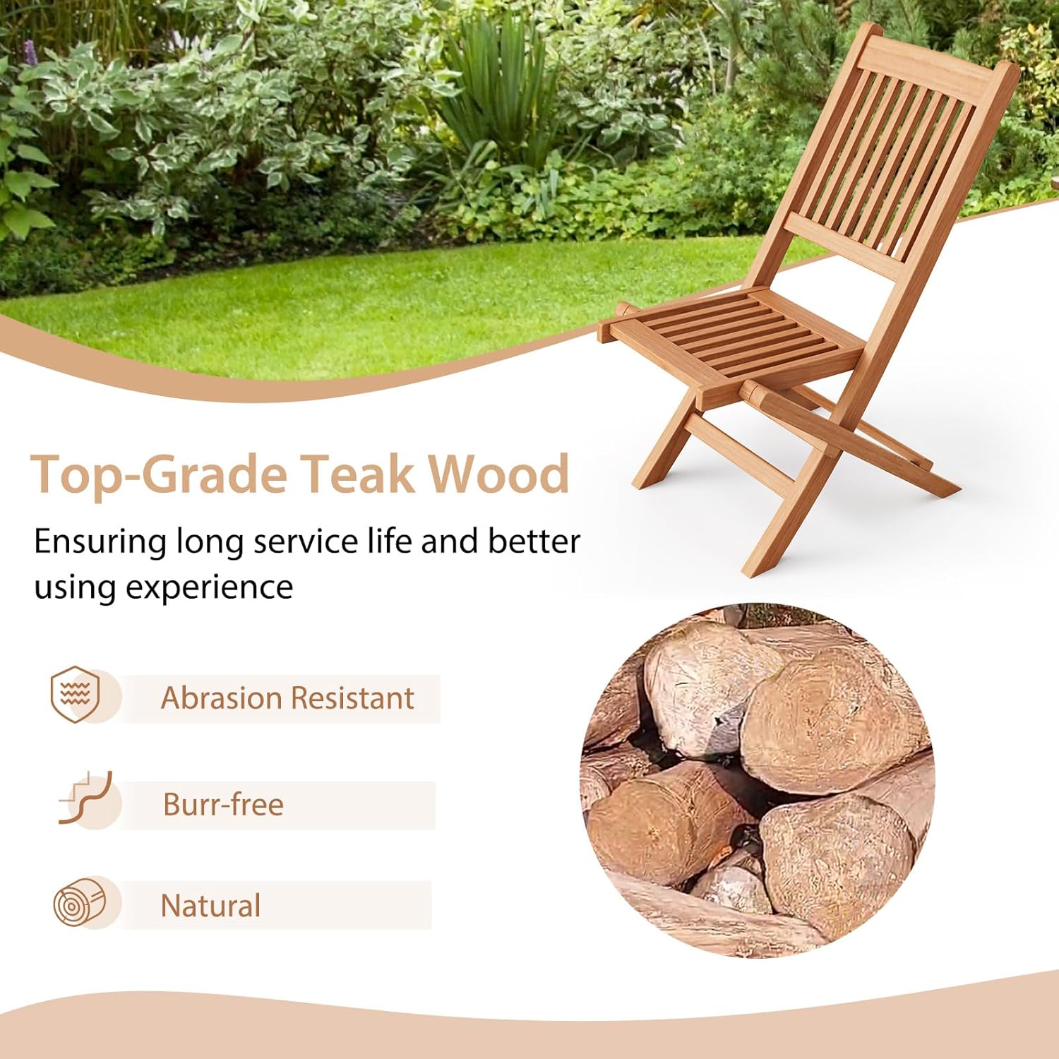 Giantex Sillas plegables para patio, sillas de madera de teca indonesia para exteriores con asiento y respaldo de rejillas, silla portátil de