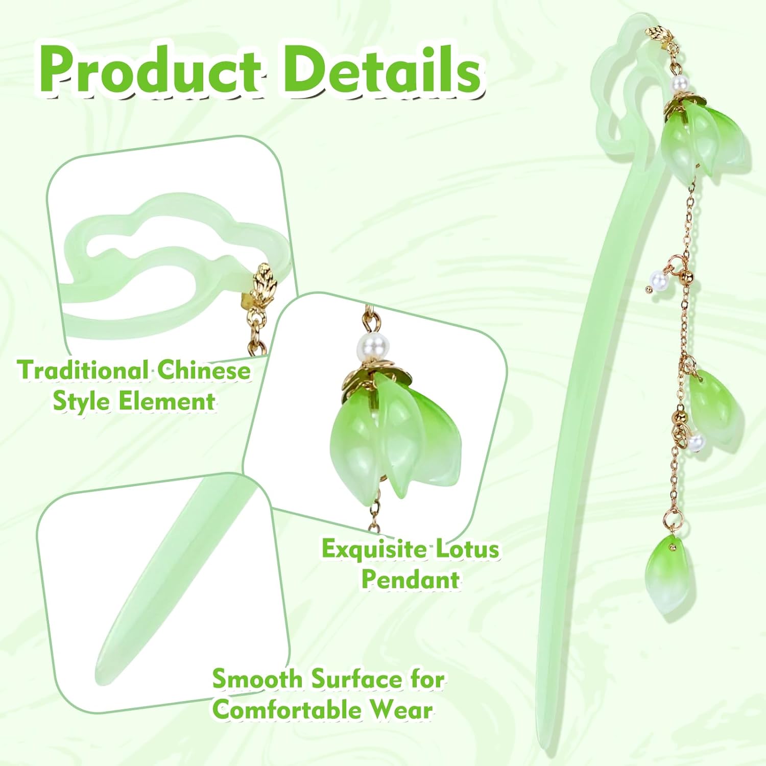 inSowni 8 piezas decorativas vintage retro tradicional asiático chino Hanfu verde falso jade palitos de plástico con colgantes de cuentas de flores,