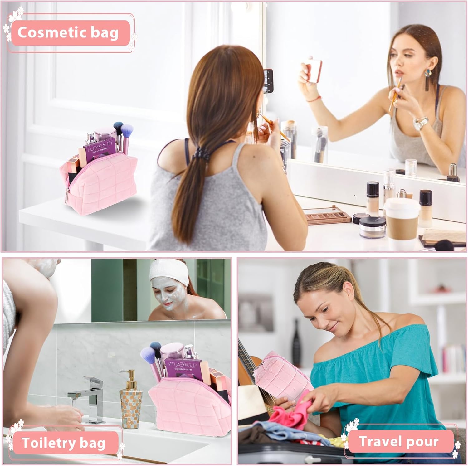 Molain Bolsa de cosméticos, bolsa de cosméticos a cuadros linda, bolsa de cosméticos de viaje, bolsa de aseo portátil simple de gran capacidad,