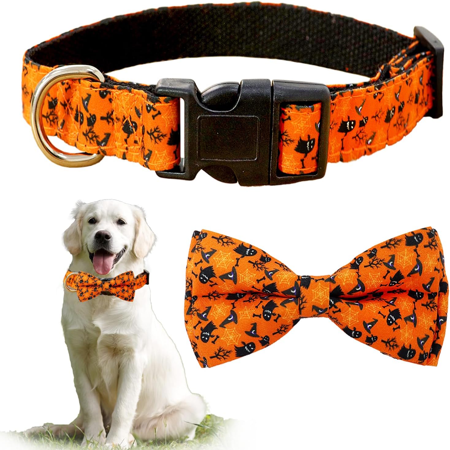 Collar de perro naranja de Halloween con patrones de fantasmas de Halloween, collares ajustables para perros con bonito corbatín, duradero y suave,
