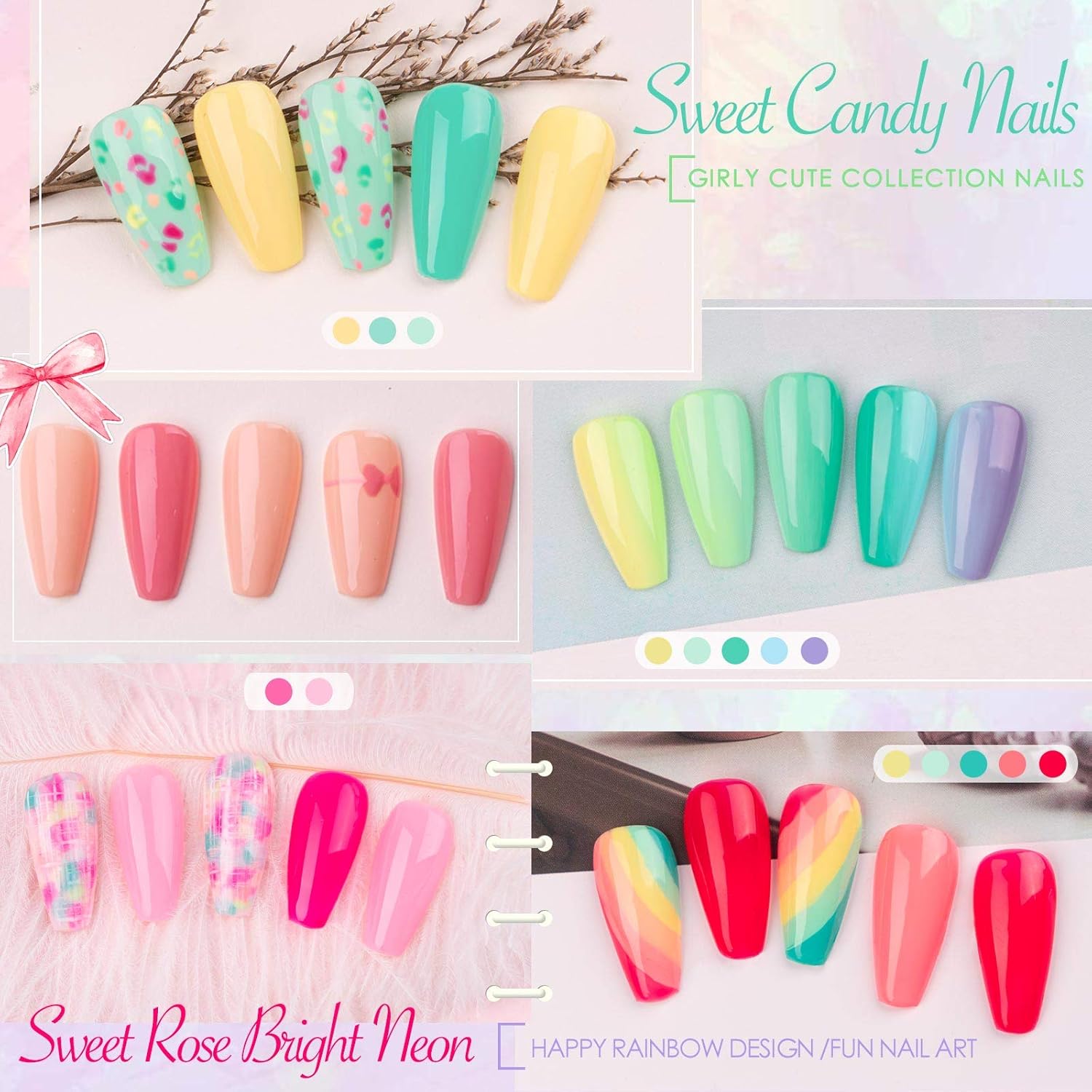 Gellen Kit de esmalte de uñas de gel, juego de 16 esmaltes de uñas de caramelo arcoíris con capa base superior, esmalte de gel rosa intenso