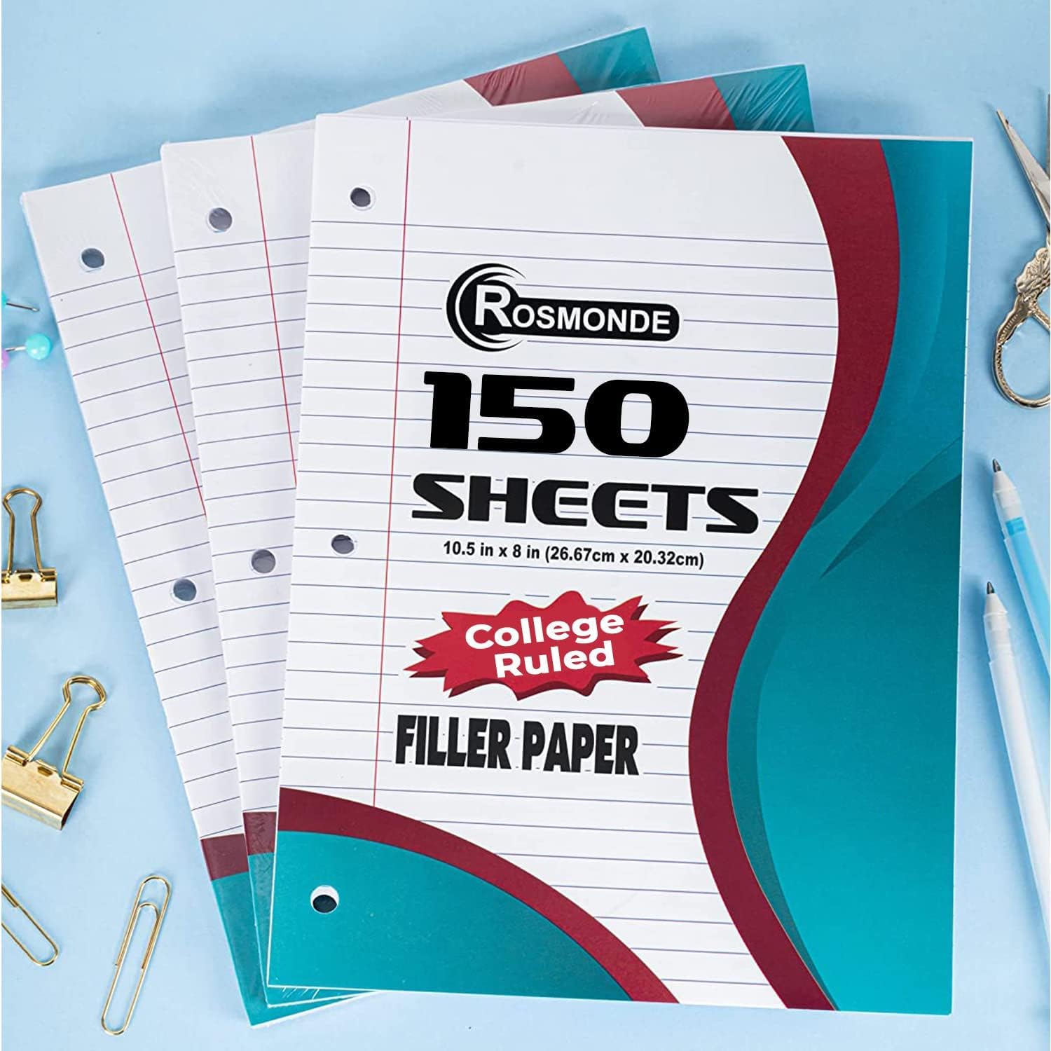 Papel de hojas sueltas, 900 hojas, paquete de 6, rayas universitarias, 8 x 10.5 pulgadas, papel de relleno de oficina a granel de 1.98 ozm, 3