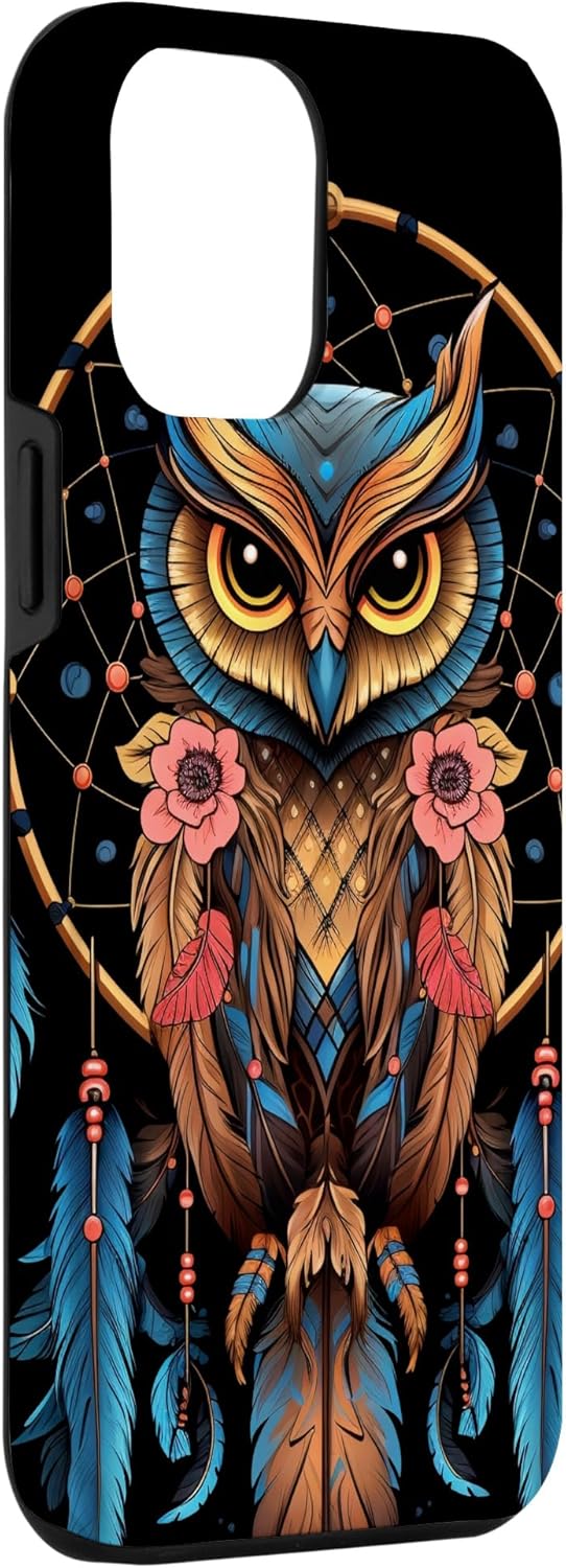 Funda para iPhone 13 Pro Max Owl Dreamcatcher nativo americano plumas tribales