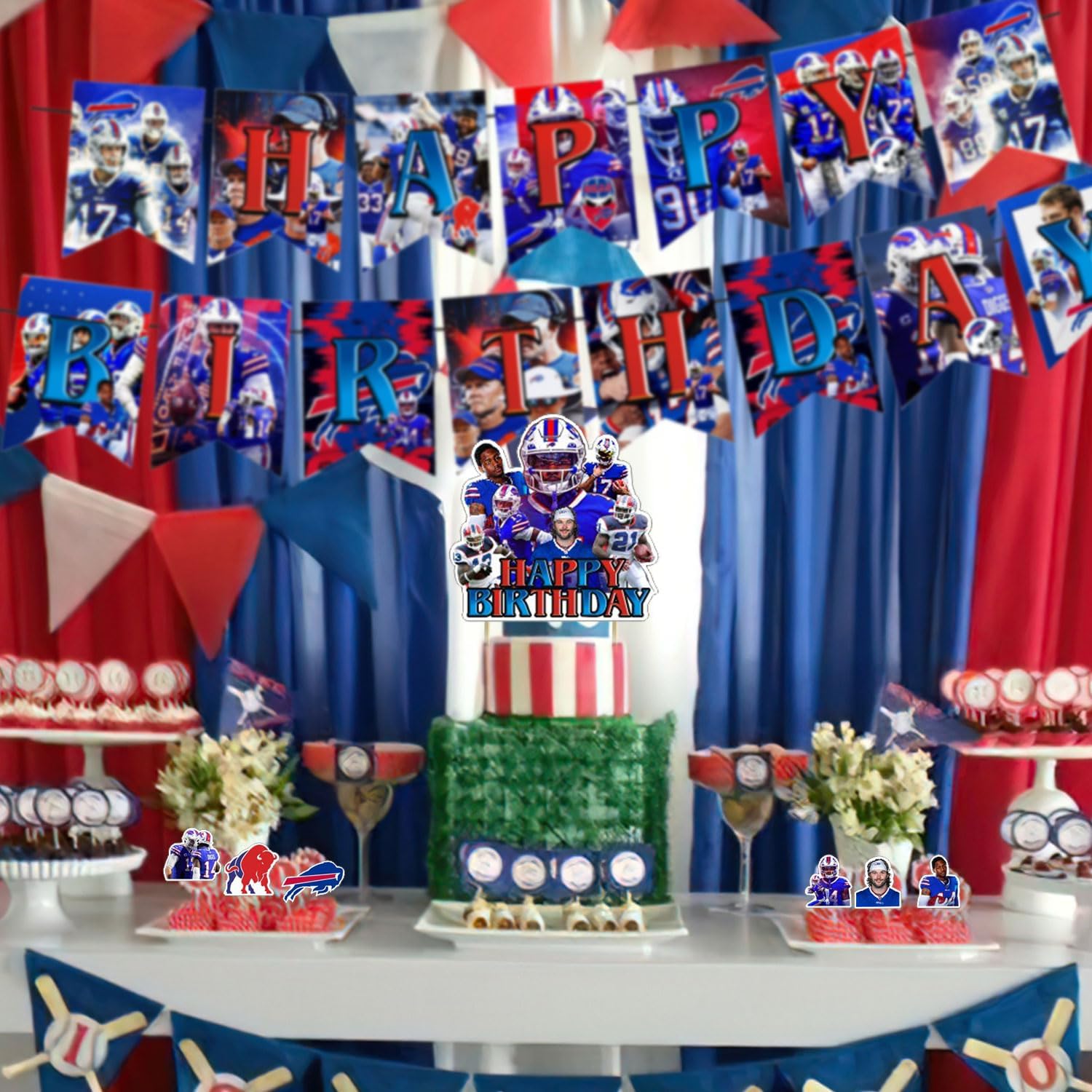Bills – Decoraciones para fiestas, suministros de fiesta de cumpleaños para fiesta de fútbol de búfalo, incluye pancarta, decoración para tartas, 12