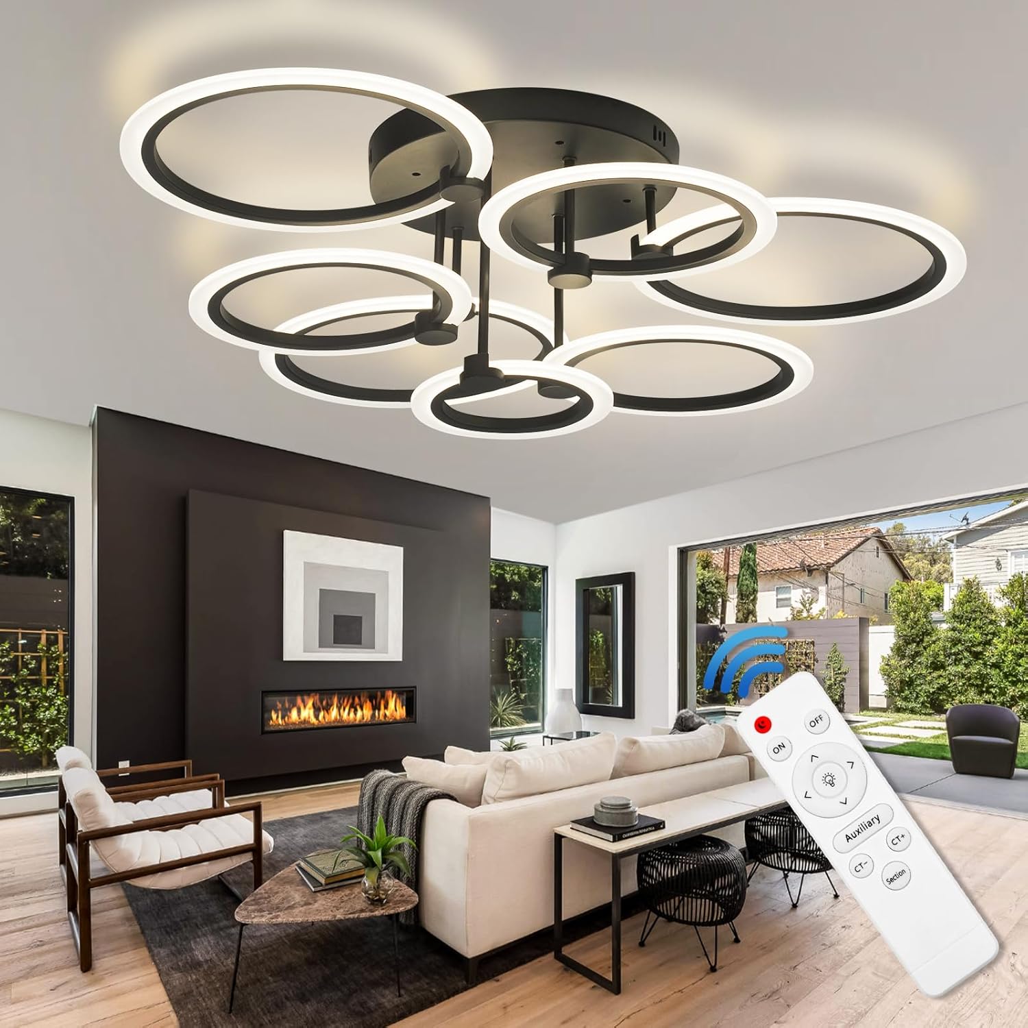Lámpara de techo LED moderna de 7 anillos regulables con control remoto negro cerca de la luz de techo de 31.8 pulgadas, 130 W, 3000 K-6500 K,