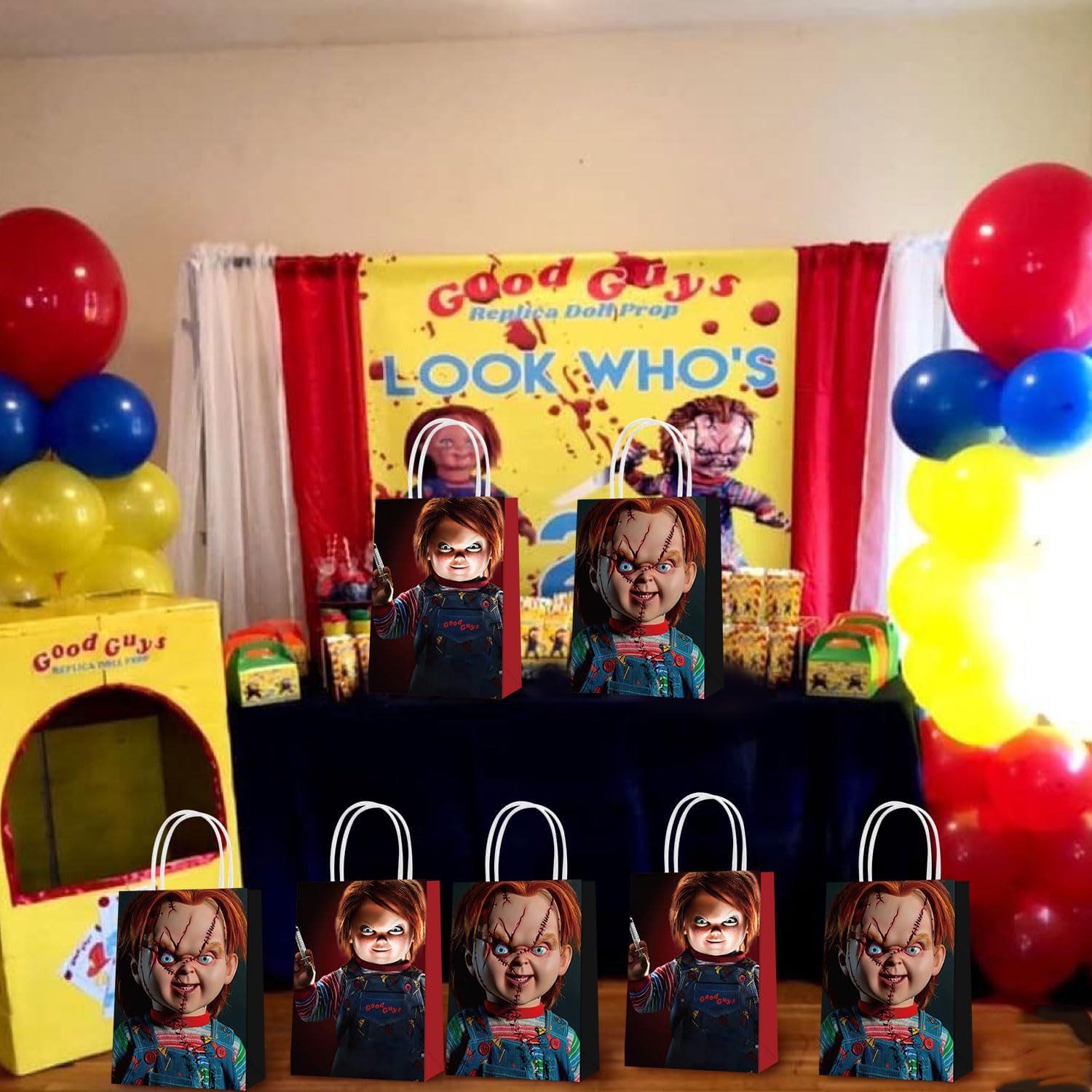 Chucky – 16 bolsas de regalo de papel para fiesta, 2 estilos, bolsas de recuerdo de fiesta con asas para decoraciones de fiesta de Chucky, bolsas de