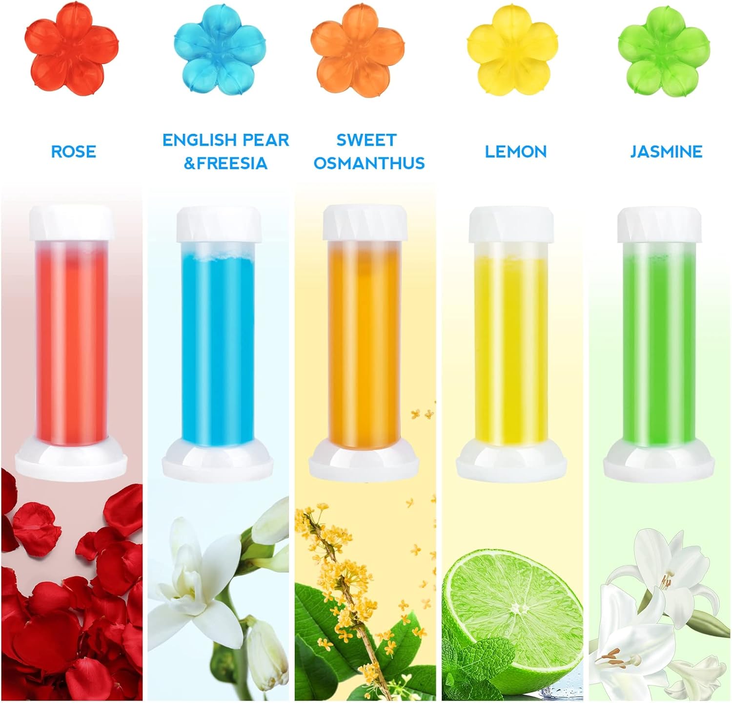 Sello de gel para inodoro de flores, 60 unidades, sello de inodoro, 5 tipos de aroma, limpiador de inodoro