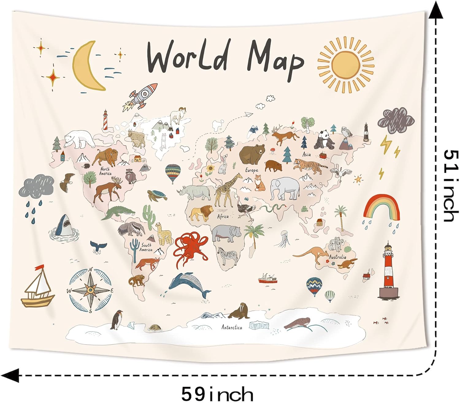 Imirell Tapiz de mapa del mundo para niños, 59 pulgadas de ancho x 51 pulgadas de alto, lindo animal de dibujos animados, herramienta de aprendizaje